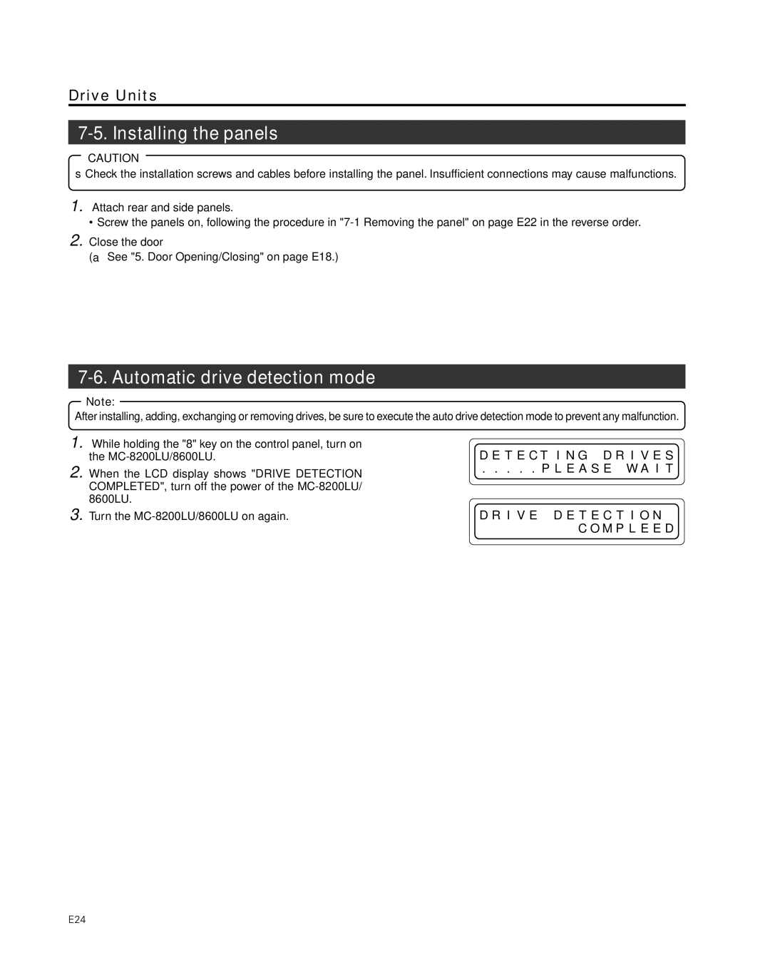 JVC MC-8200LU, MC-8600LU manual Installing the panels, Automatic drive detection mode 