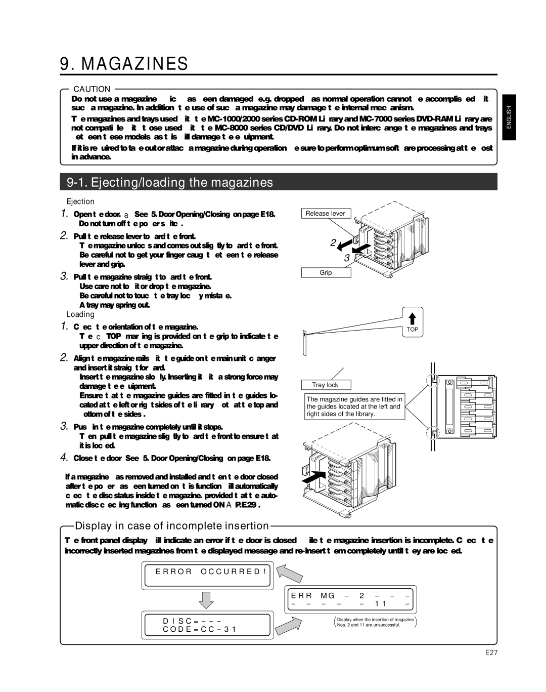 JVC MC-8600LU, MC-8200LU manual Magazines, Ejecting/loading the magazines, Ejection, Loading 