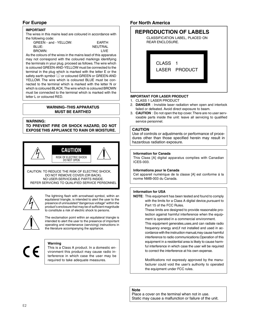 JVC MC-8200LU, MC-8600LU manual Information for Canada, Informations pour le Canada, Information for USA 