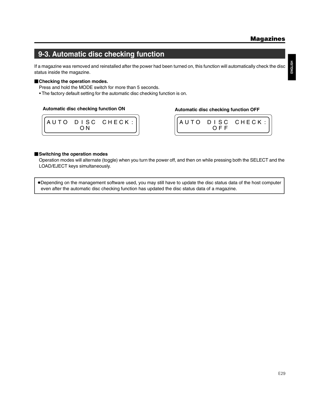 JVC MC-8600LU, MC-8200LU Automatic disc checking function,  Checking the operation modes,  Switching the operation modes 