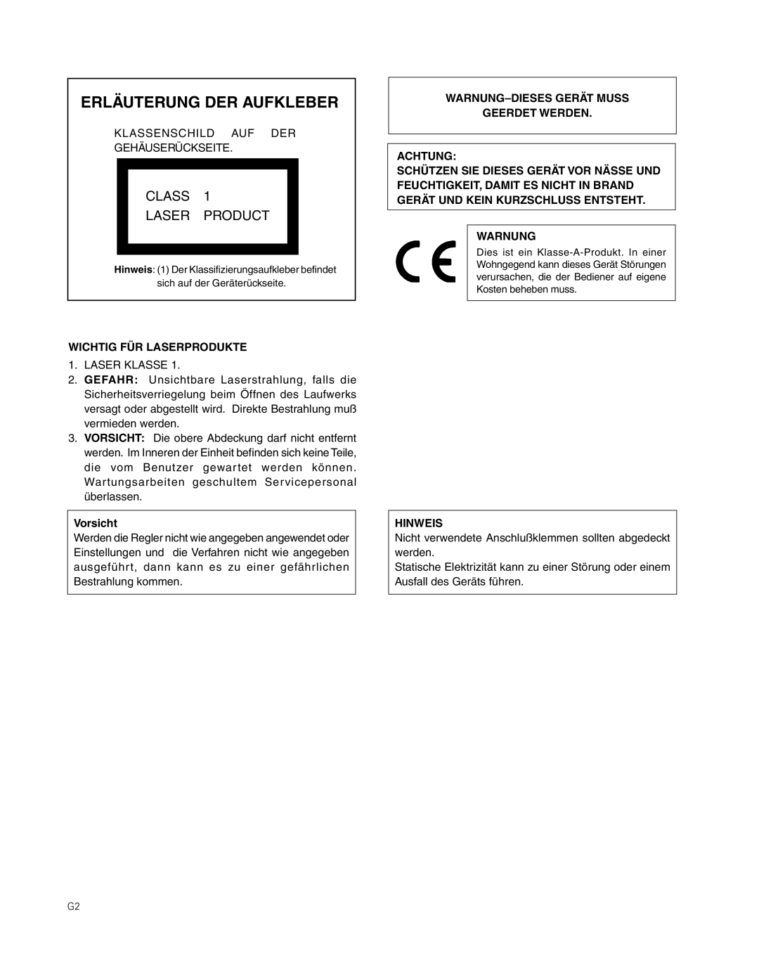 JVC MC-8200LU, MC-8600LU manual Erläuterung DER Aufkleber, Vorsicht 