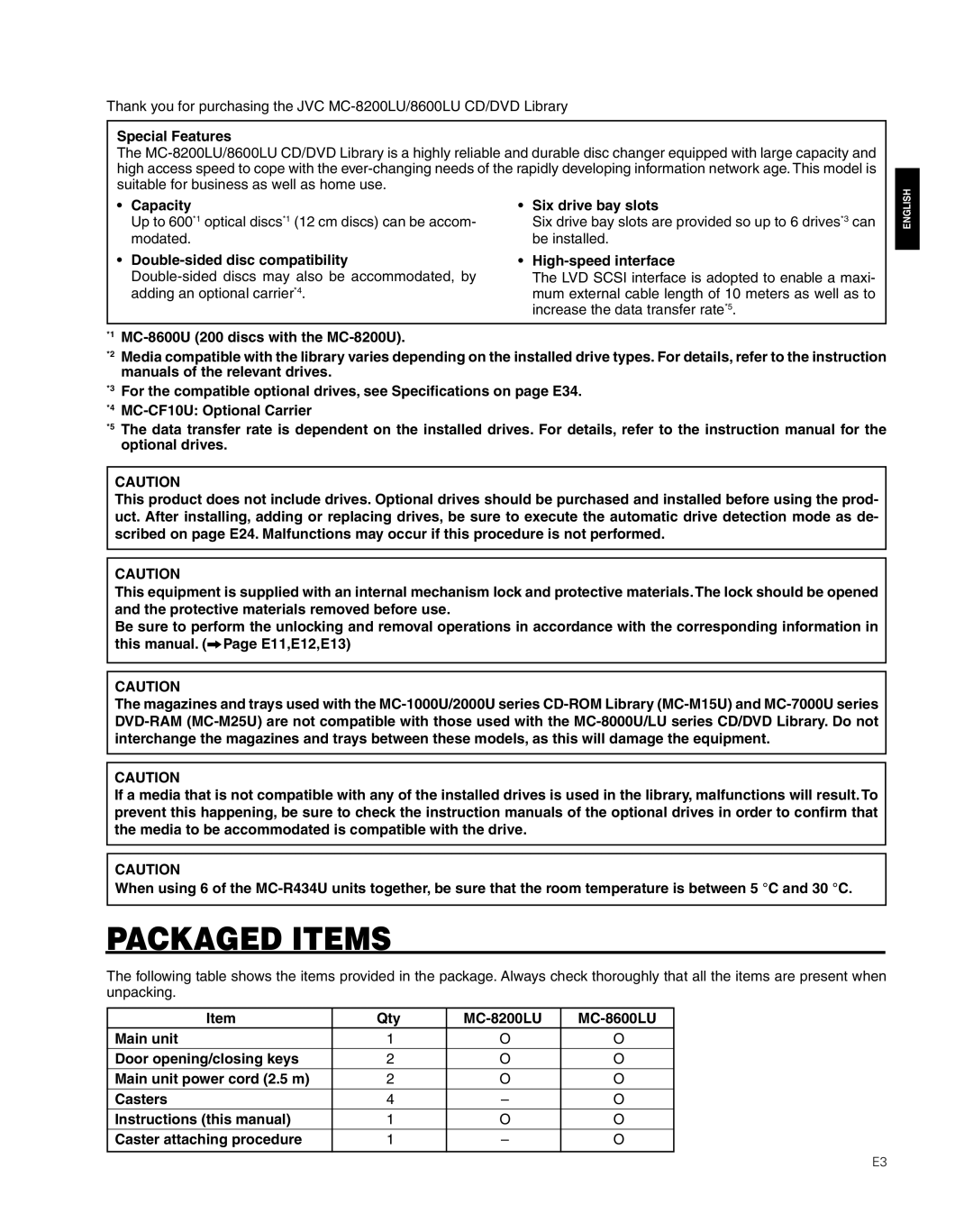 JVC MC-8600LU, MC-8200LU manual Packaged Items, Special Features 