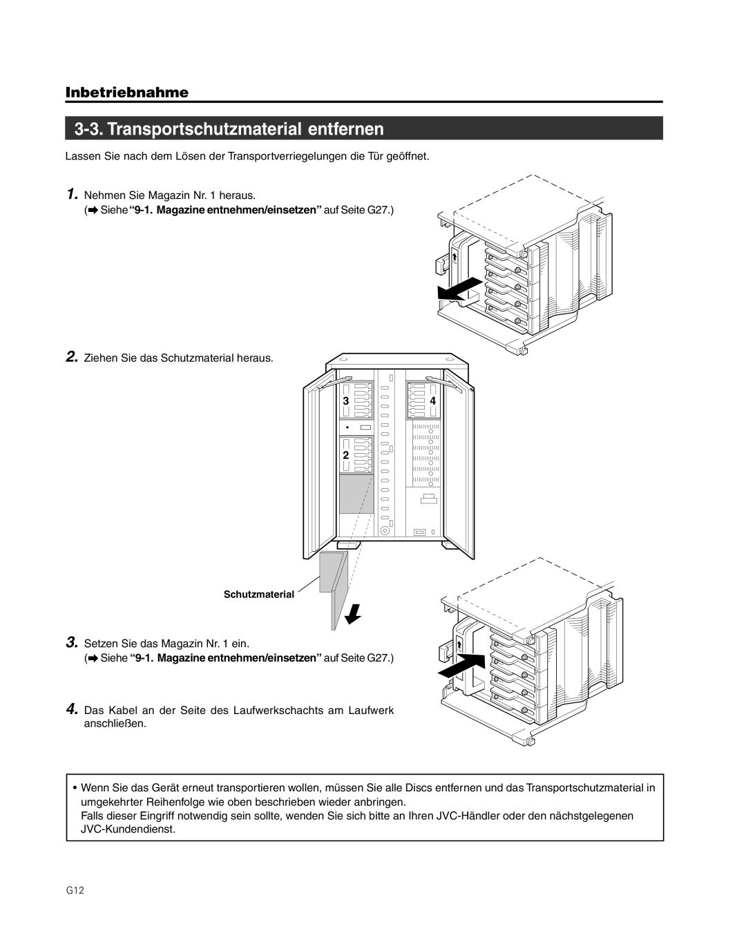 JVC MC-8200LU Transportschutzmaterial entfernen, Siehe 9-1. Magazine entnehmen/einsetzen auf Seite G27, Schutzmaterial 