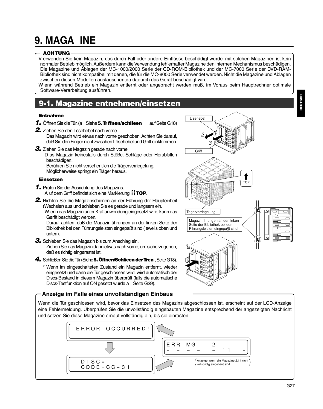 JVC MC-8600LU, MC-8200LU manual Magazine entnehmen/einsetzen, Entnahme, Einsetzen 