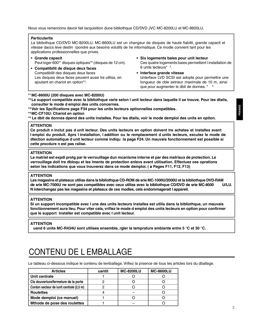 JVC MC-8600LU, MC-8200LU manual Contenu DE L’EMBALLAGE 