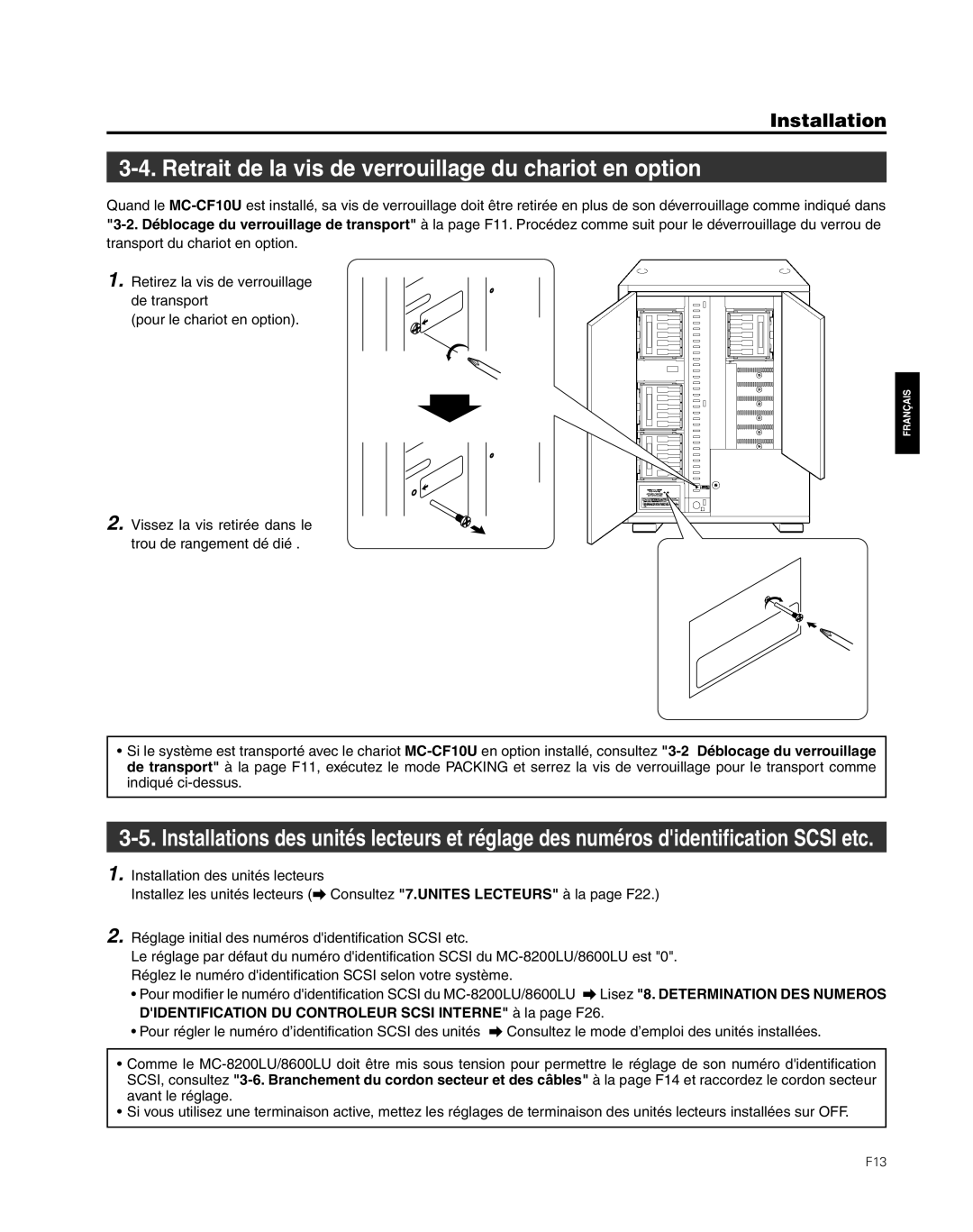 JVC MC-8600LU, MC-8200LU manual Retrait de la vis de verrouillage du chariot en option 