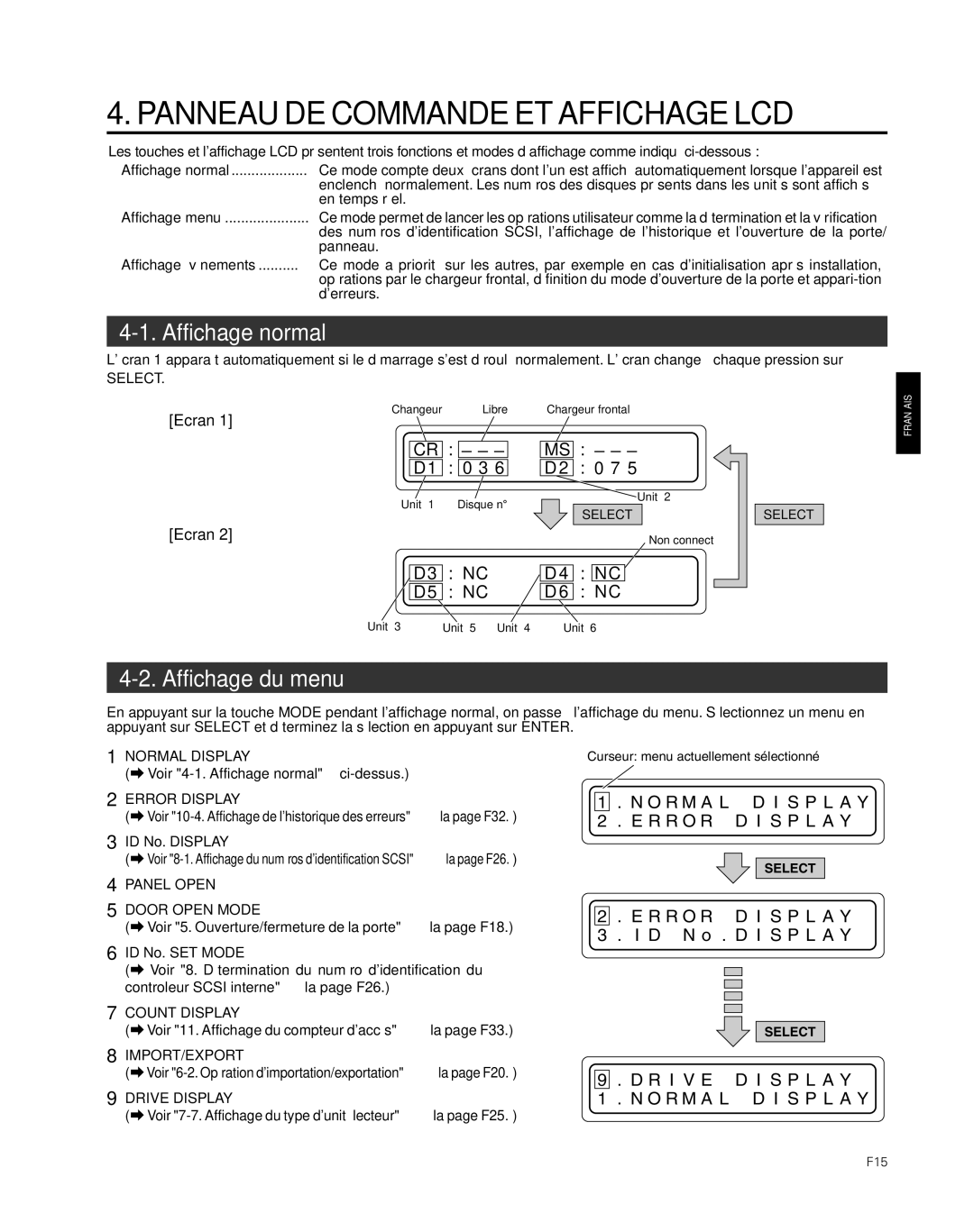 JVC MC-8600LU, MC-8200LU manual Panneau DE Commande ET Affichage LCD, Affichage normal, Affichage du menu 