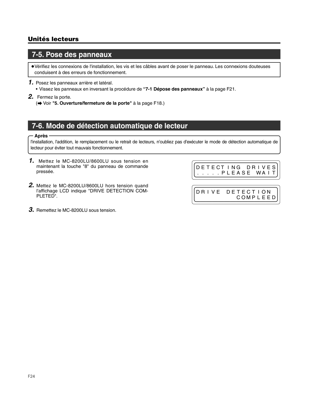 JVC MC-8200LU, MC-8600LU manual Pose des panneaux, Mode de détection automatique de lecteur, Après 