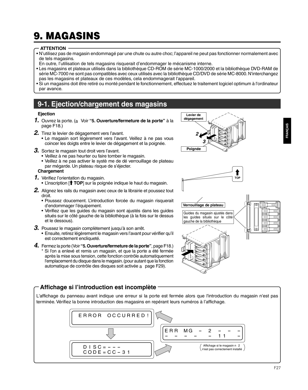 JVC MC-8600LU, MC-8200LU manual Magasins, Ejection/chargement des magasins, Chargement 