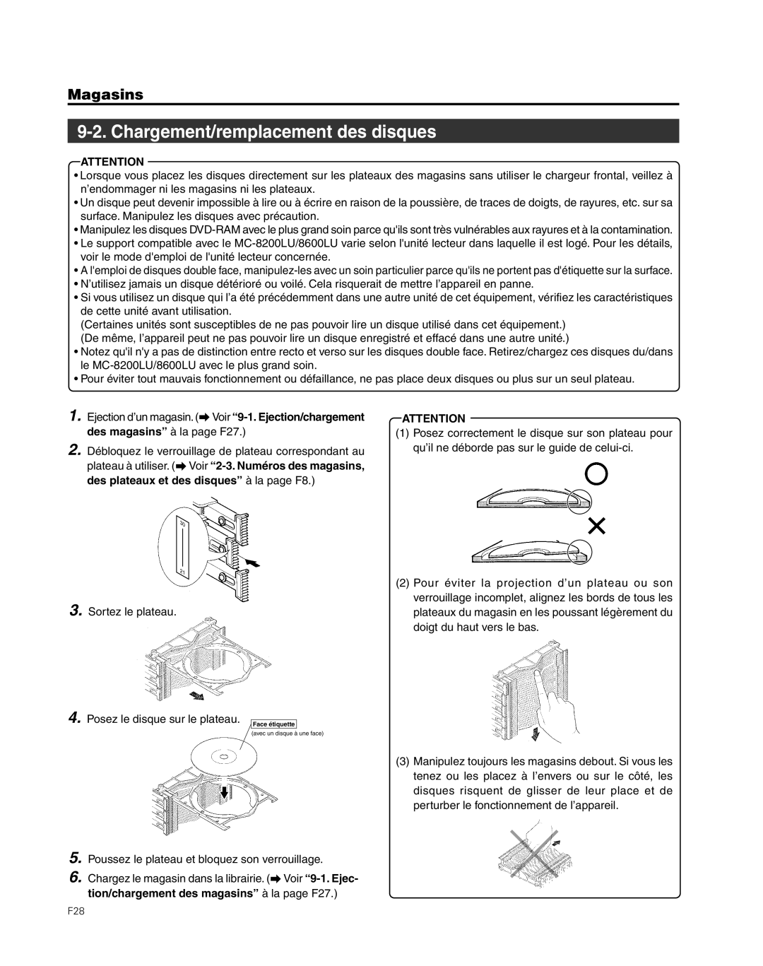 JVC MC-8200LU, MC-8600LU manual Chargement/remplacement des disques, Des plateaux et des disques à la page F8 