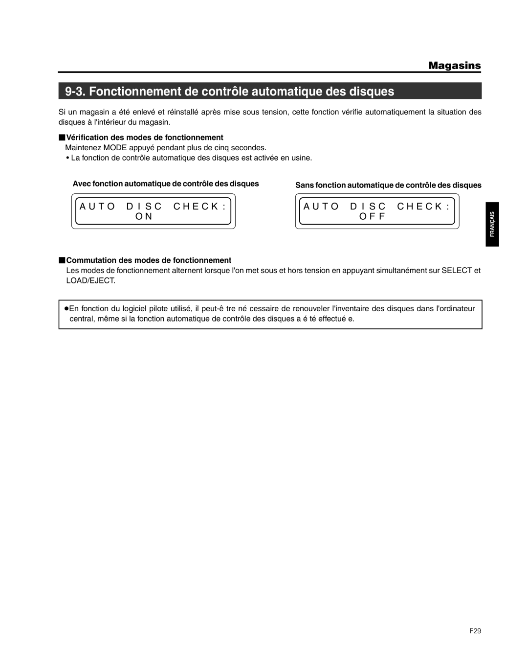 JVC MC-8600LU, MC-8200LU Fonctionnement de contrôle automatique des disques,  Vérification des modes de fonctionnement 