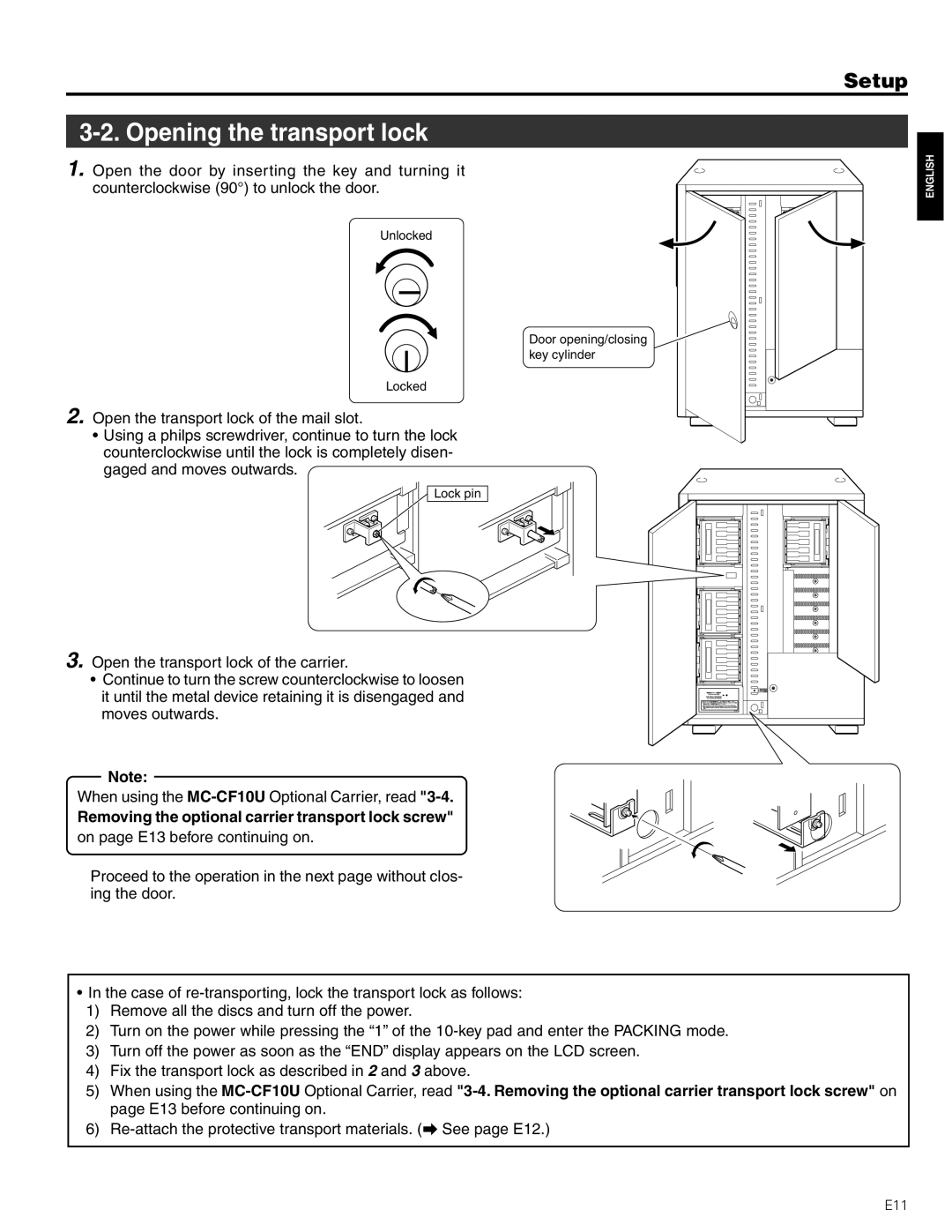 JVC MC-8200LU, MC-8600LU manual Opening the transport lock, Removing the optional carrier transport lock screw 