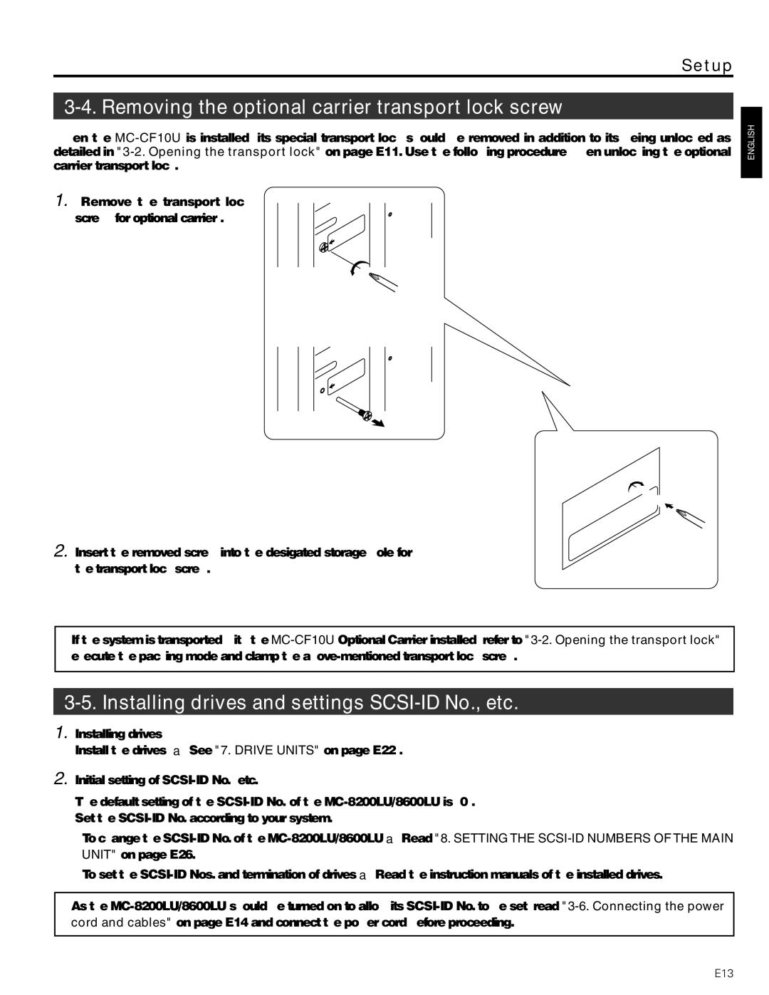 JVC MC-8200LU manual Removing the optional carrier transport lock screw, Installing drives and settings SCSI-ID No., etc 