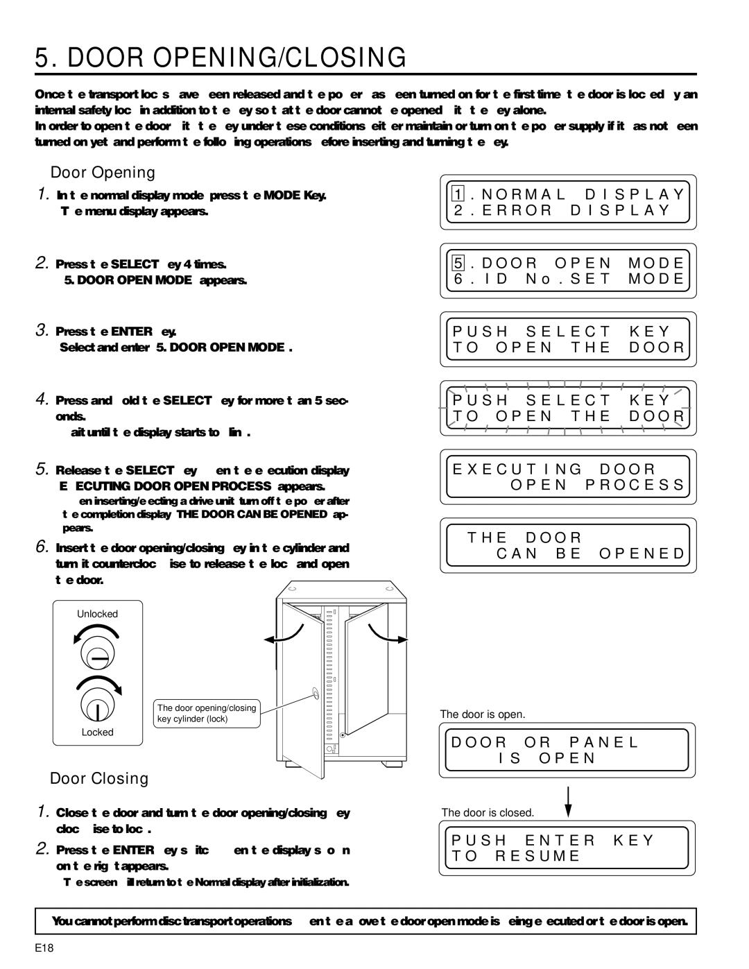 JVC MC-8600LU, MC-8200LU manual Door OPENING/CLOSING, Door Opening 