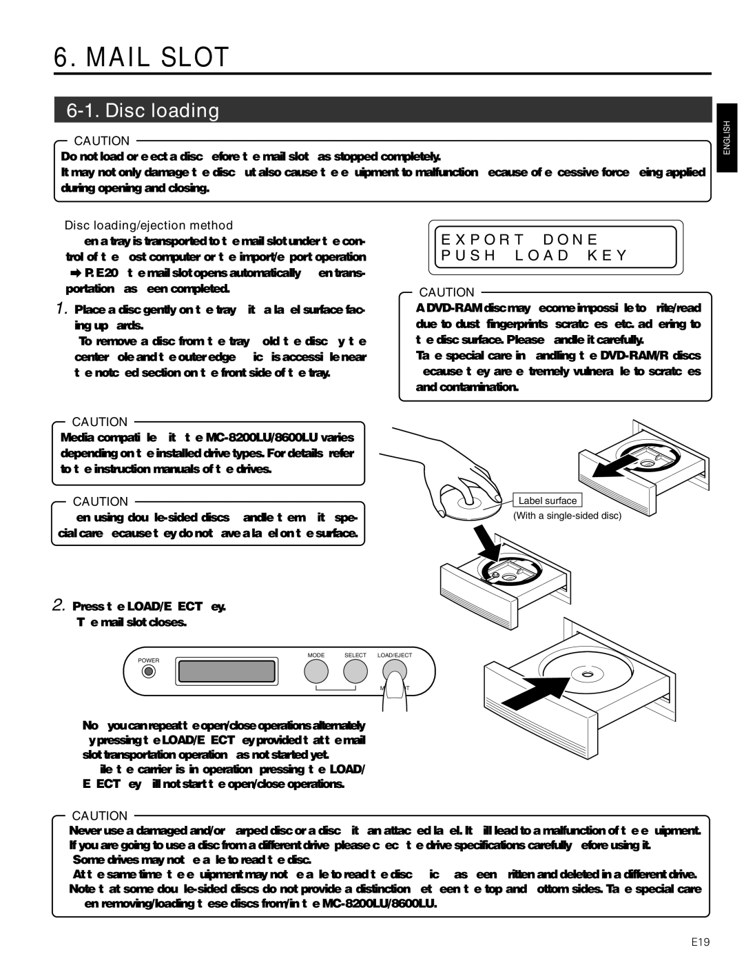 JVC MC-8200LU, MC-8600LU manual Mail Slot, Disc loading/ejection method 