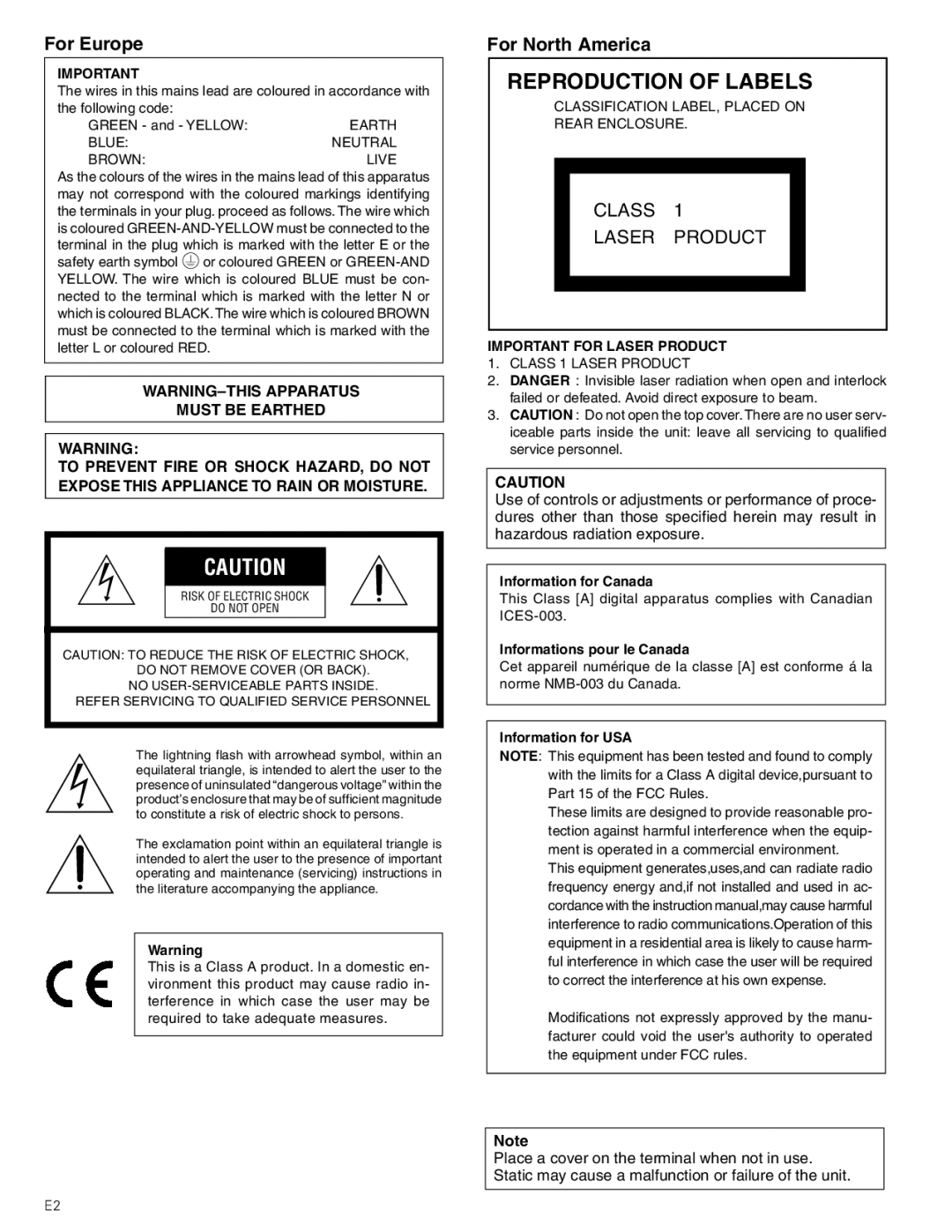 JVC MC-8600LU, MC-8200LU manual Information for Canada, Informations pour le Canada, Information for USA 