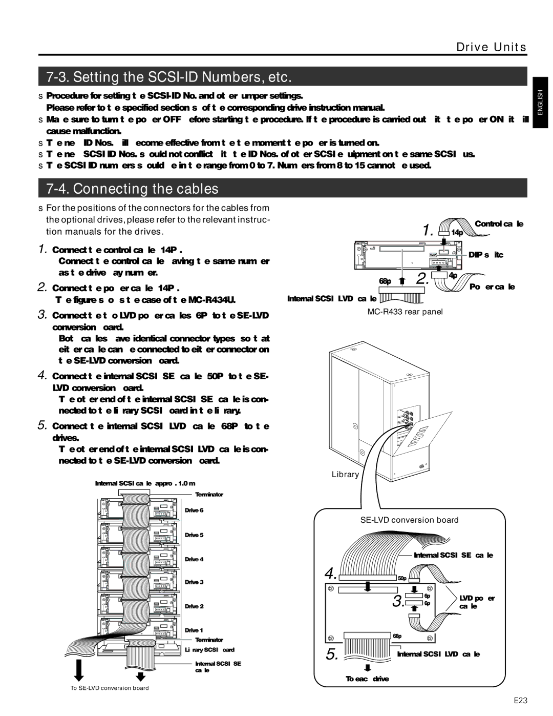 JVC MC-8200LU Setting the SCSI-ID Numbers, etc, Connecting the cables, MC-R433 rear panel Library SE-LVD conversion board 