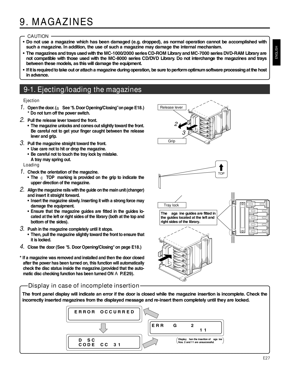 JVC MC-8200LU, MC-8600LU manual Magazines, Ejecting/loading the magazines, Ejection, Loading 