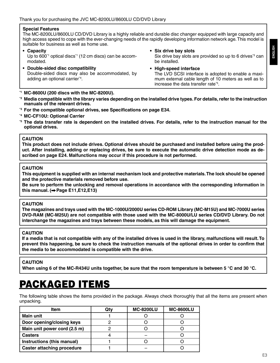 JVC MC-8200LU, MC-8600LU manual Packaged Items, Special Features 