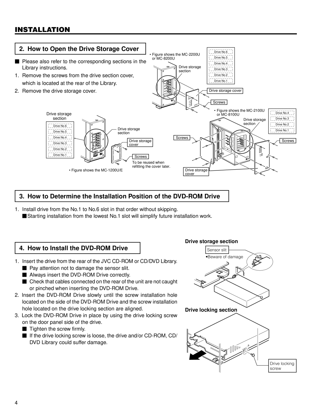 JVC MC-D207U How to Open the Drive Storage Cover, How to Install the DVD-ROM Drive, Drive storage section 