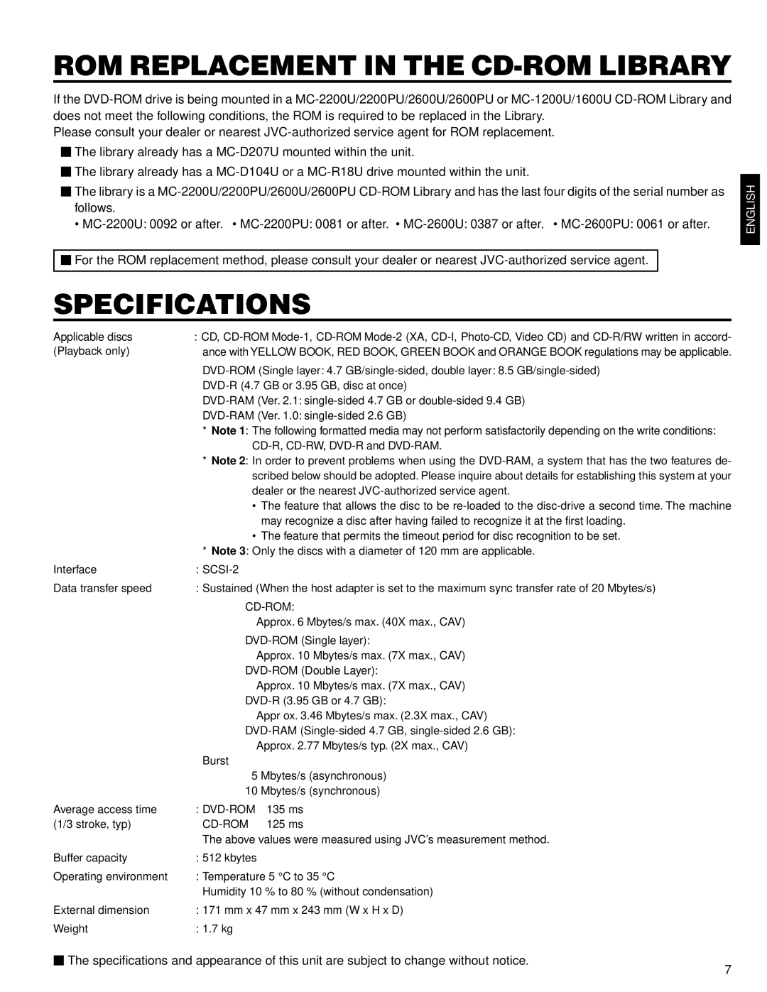 JVC MC-D207U instruction manual ROM Replacement in the CD-ROM Library, Specifications 