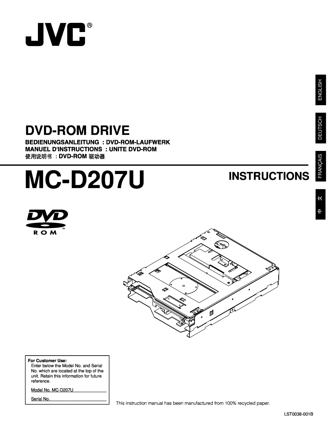 JVC MC-D207U instruction manual Dvd-Rom Drive, Instructions, Français Deutsch English, For Customer Use 