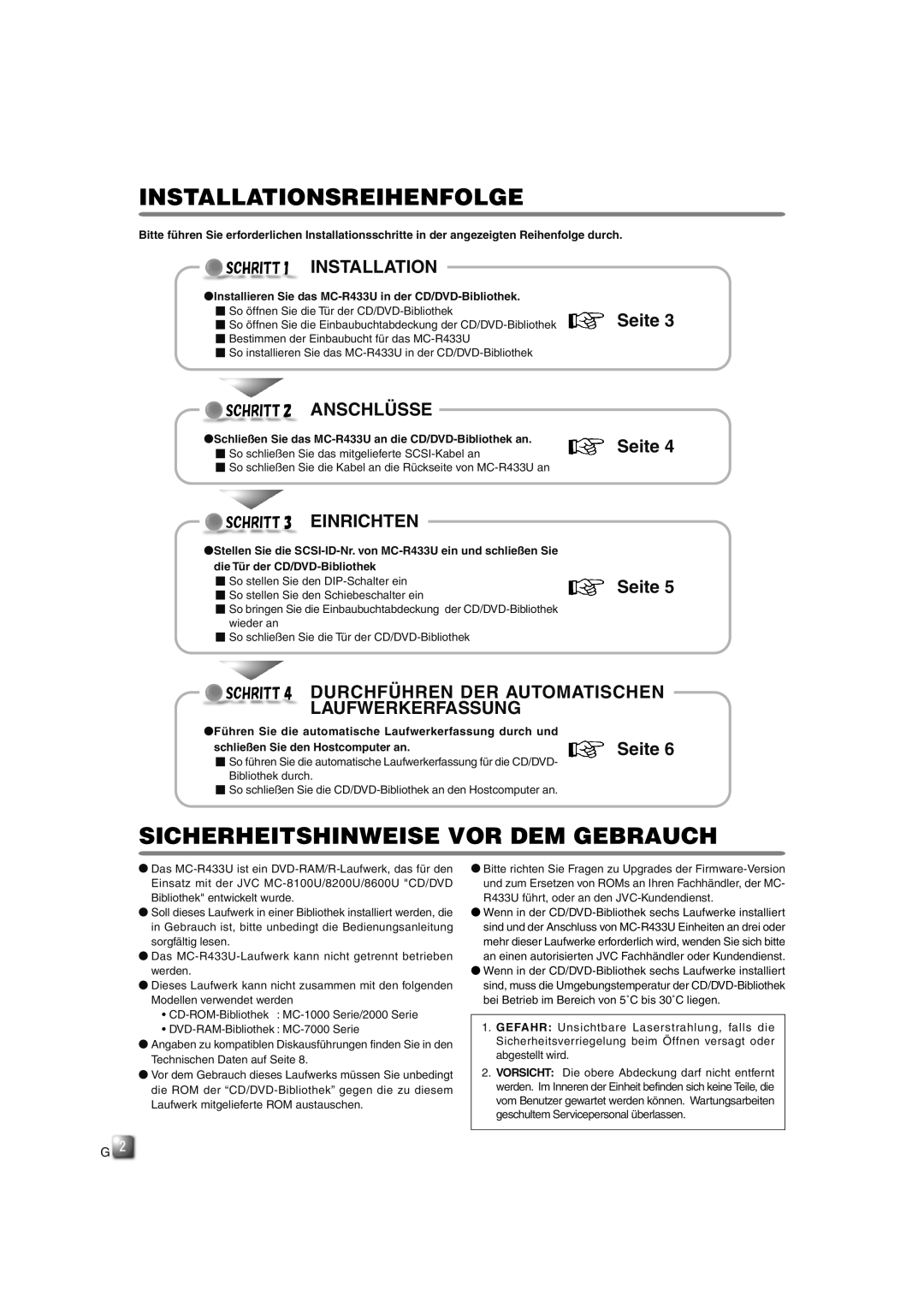 JVC MC-R433U manual Installationsreihenfolge, Sicherheitshinweise VOR DEM Gebrauch, Anschlüsse, Einrichten 