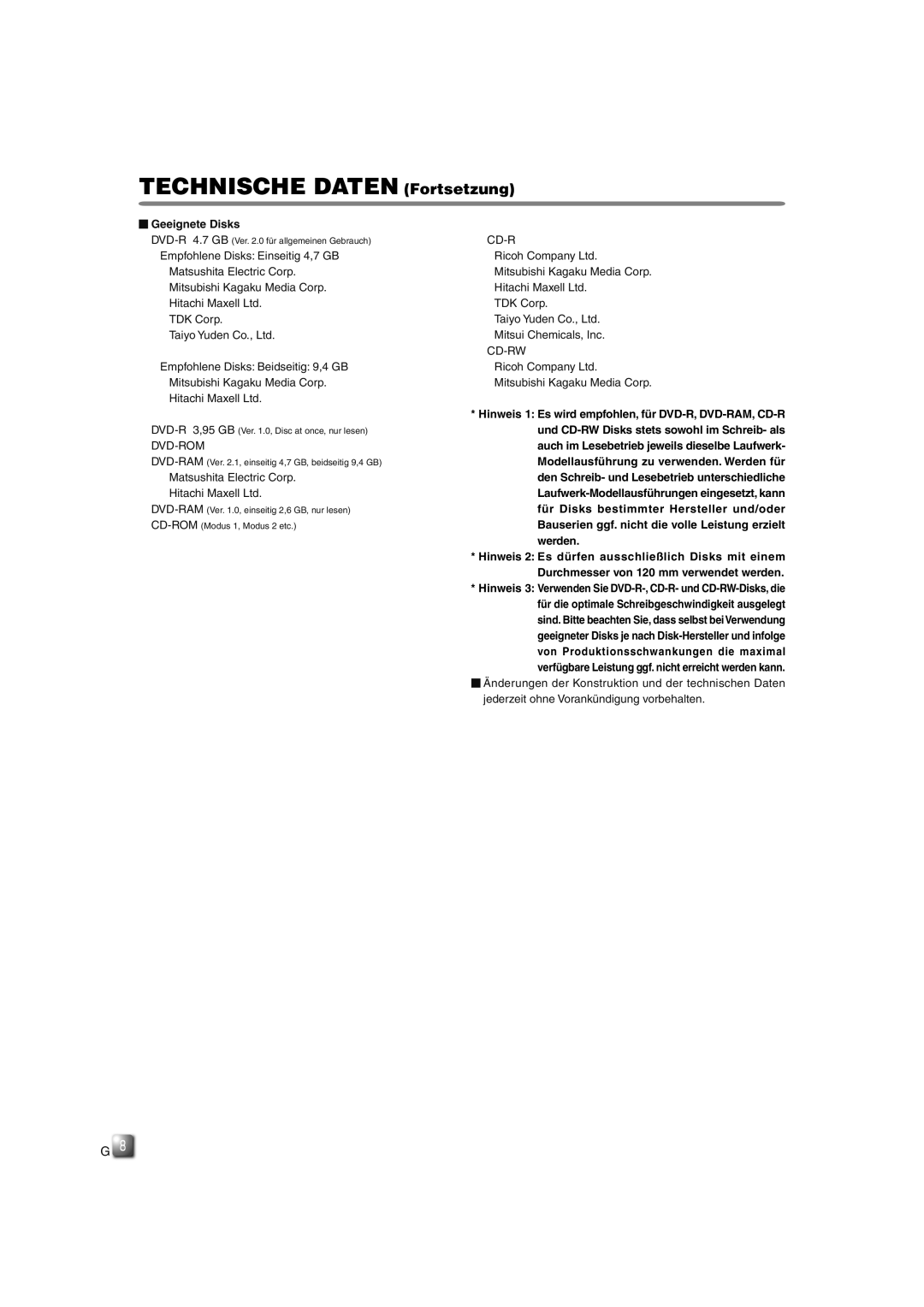 JVC MC-R433U manual  Geeignete Disks, Matsushita Electric Corp,  Änderungen der Konstruktion und der technischen Daten 