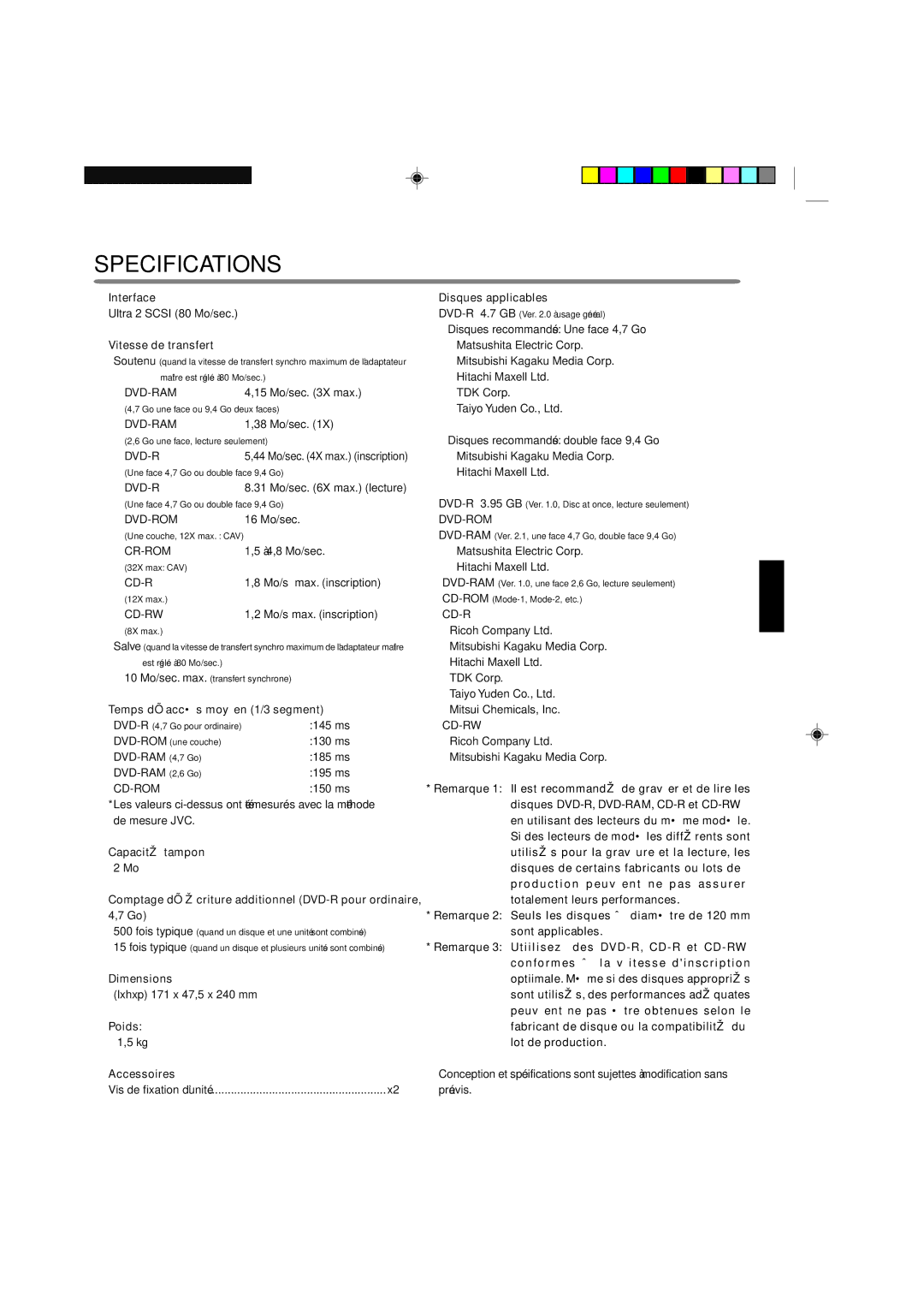 JVC MC-R434U manual  Vitesse de transfert,  Temps d’accès moyen 1/3 segment,  Poids 1,5 kg  Accessoires 