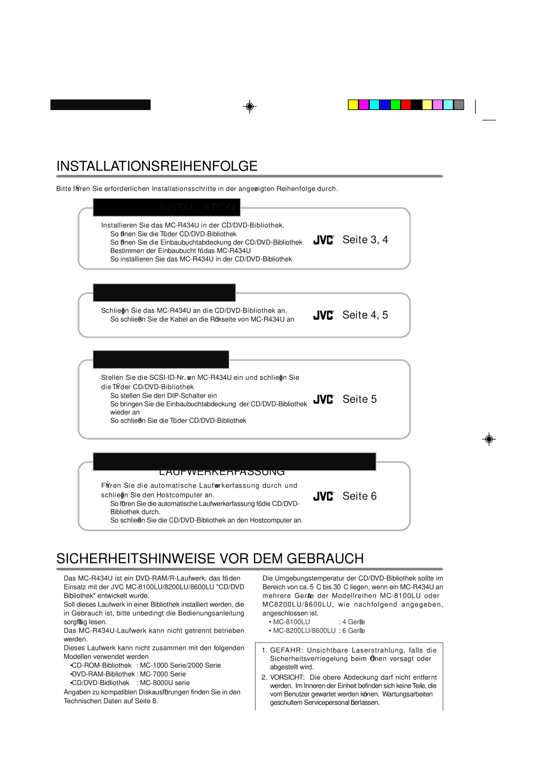 JVC MC-R434U manual Installationsreihenfolge, Sicherheitshinweise VOR DEM Gebrauch 