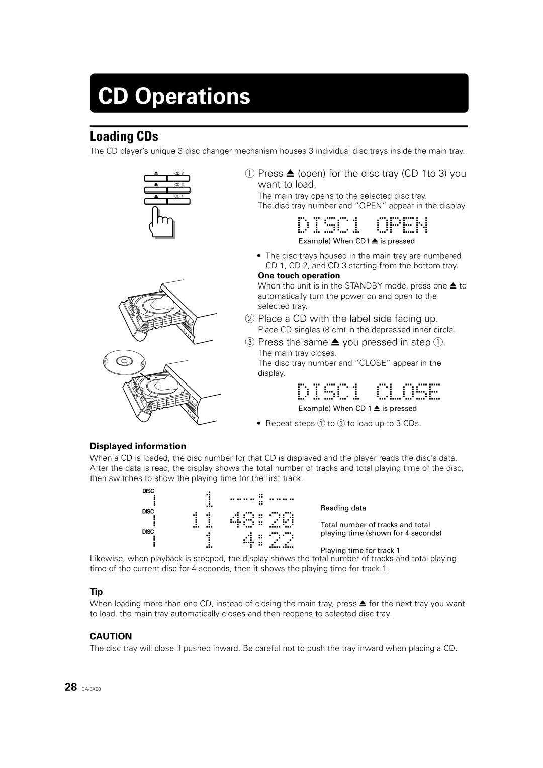 JVC ME-EX90, RX-EX90, XL-EX90, CA-EX90 CD Operations, Loading CDs, Press 0 open for the disc tray CD 1to 3 you Want to load 