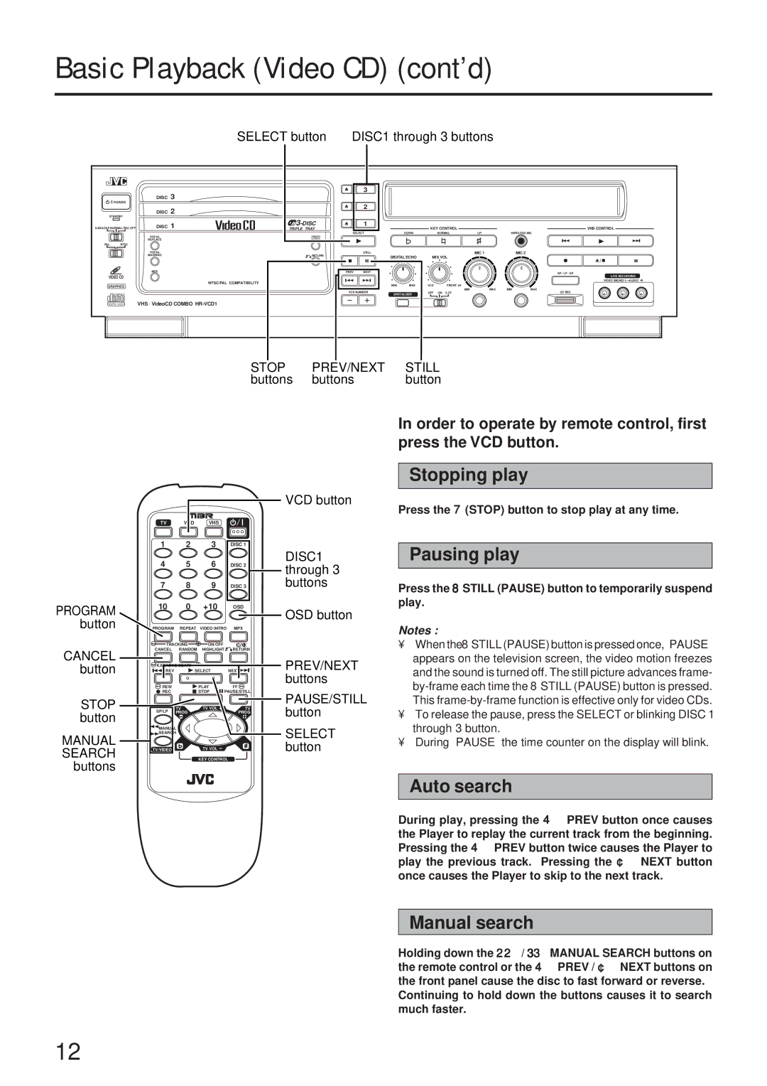 JVC MNV*SW*YP, HR-VCD1, LPT00020G2A manual Stopping play, Pausing play, Auto search, Manual search, Program 