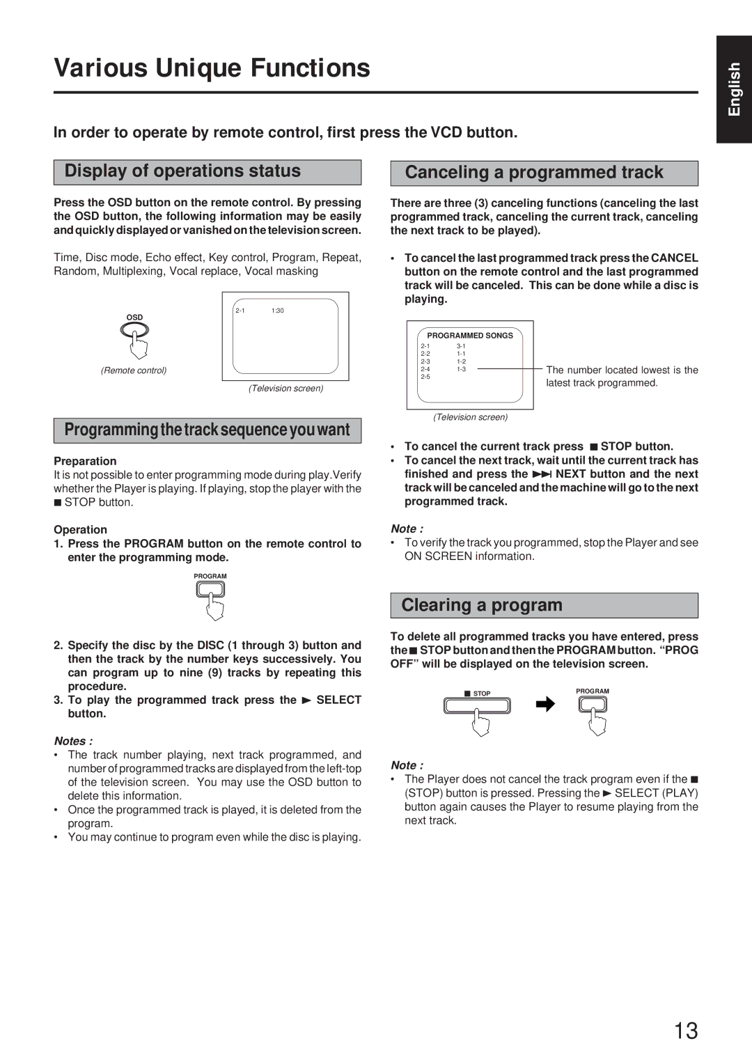 JVC HR-VCD1 manual Various Unique Functions, Display of operations status Canceling a programmed track, Clearing a program 