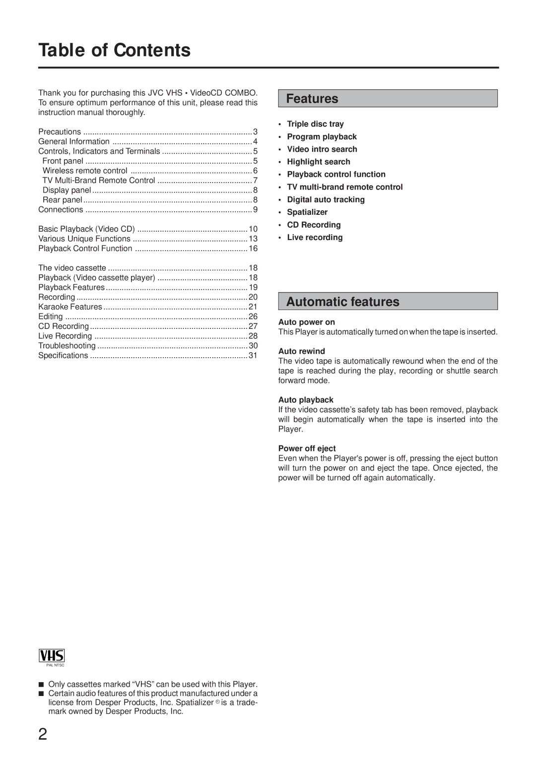 JVC LPT00020G2A, MNV*SW*YP, HR-VCD1 manual Table of Contents 