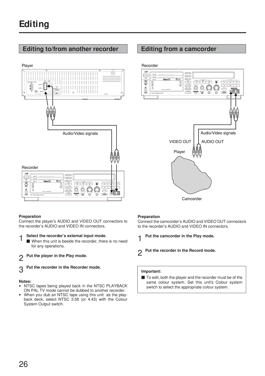 JVC LPT00020G2A, MNV*SW*YP, HR-VCD1 manual Editing to/from another recorder, Editing from a camcorder, Recorder 