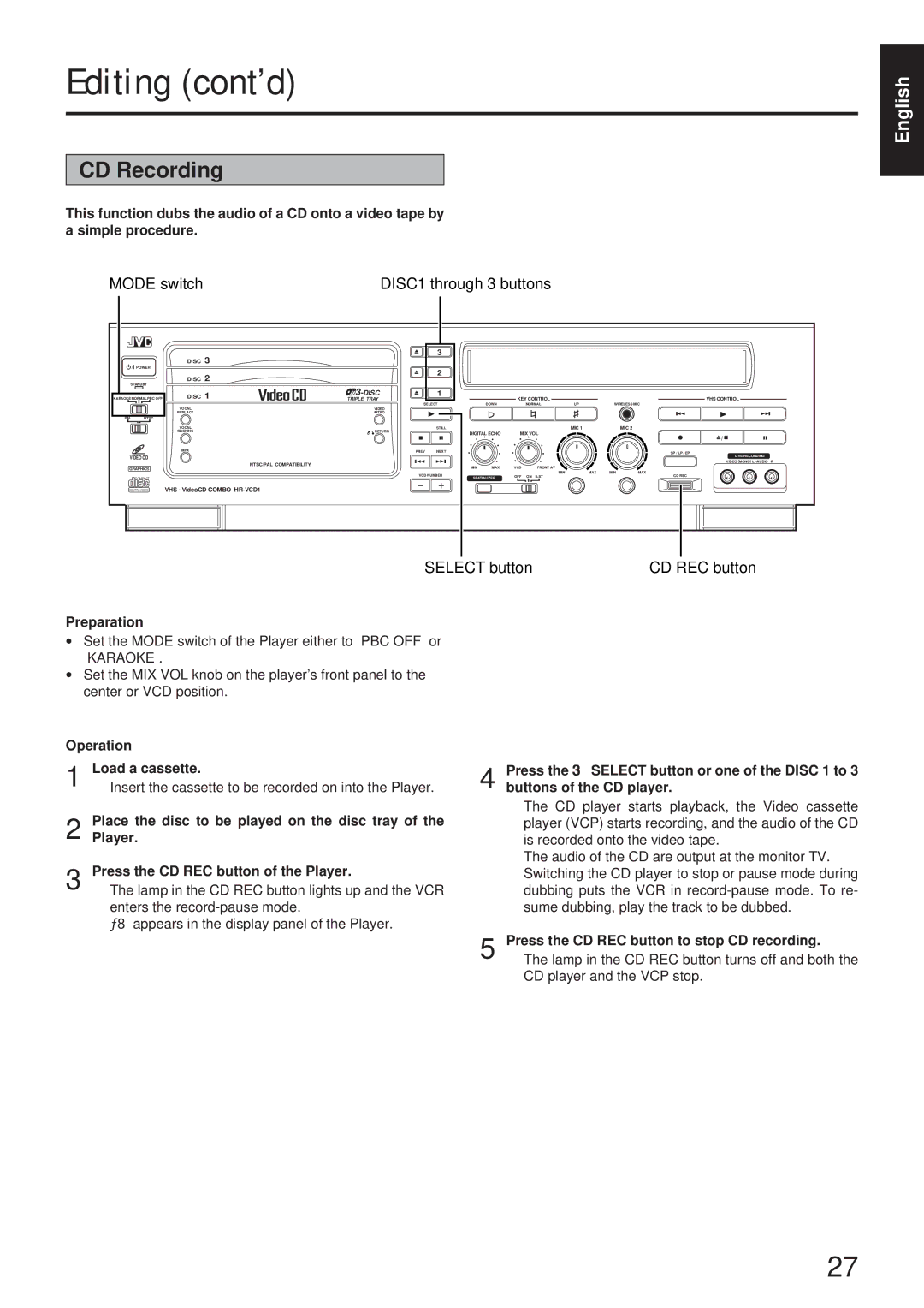 JVC MNV*SW*YP manual Editing contd, CD Recording, Operation Load a cassette, Press the CD REC button to stop CD recording 