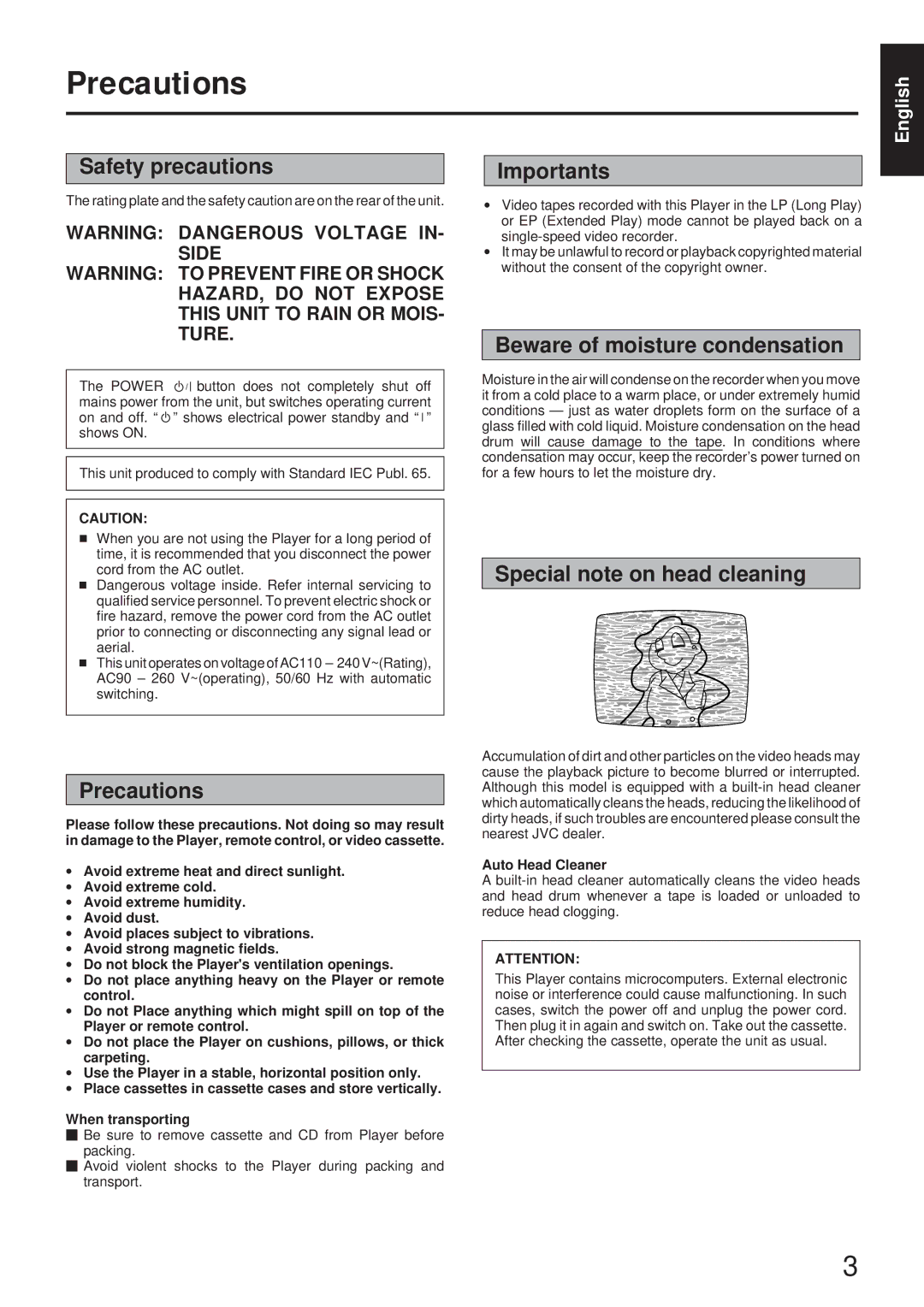 JVC MNV*SW*YP, HR-VCD1, LPT00020G2A manual Precautions, Safety precautions, Importants, Beware of moisture condensation 