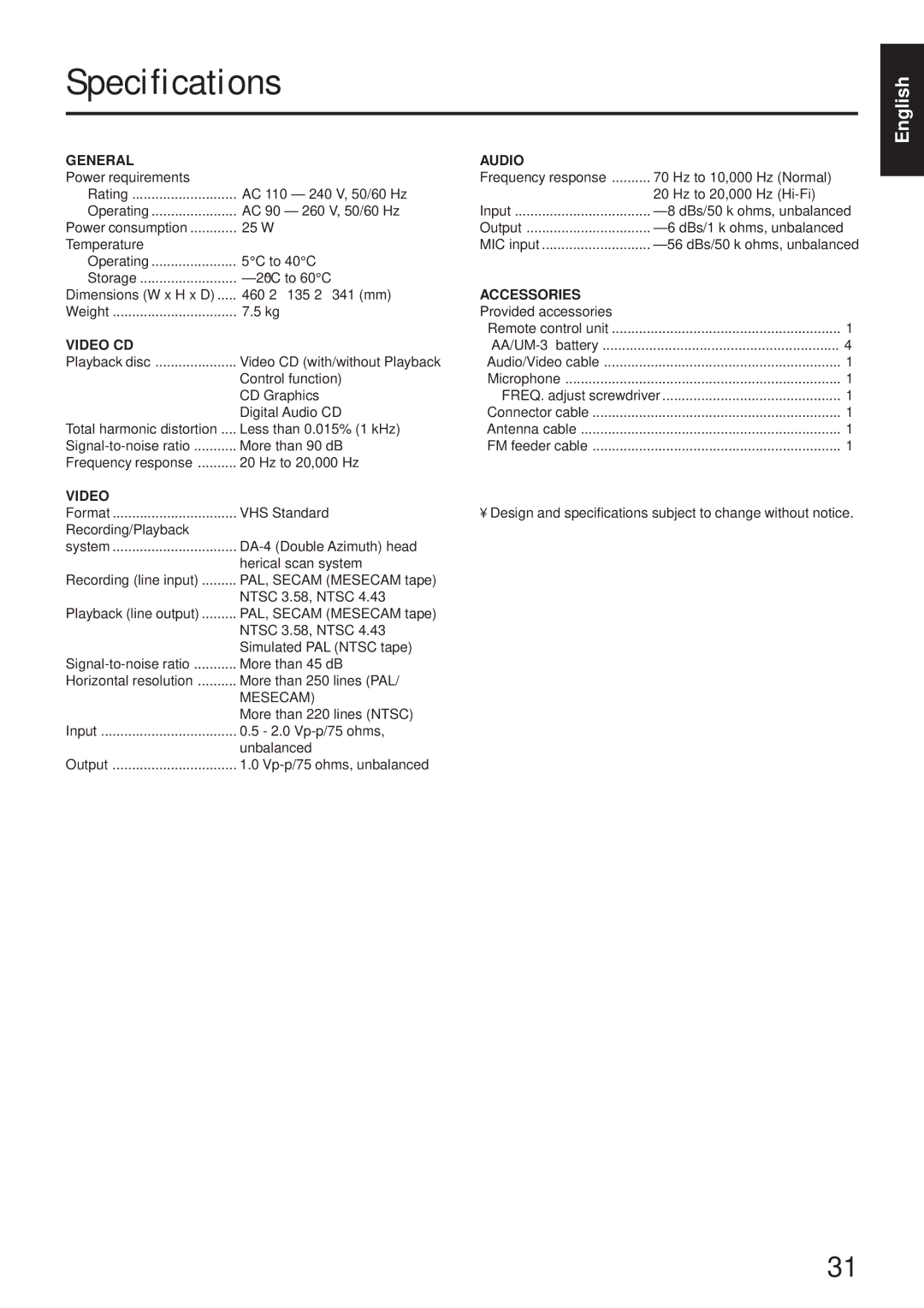 JVC HR-VCD1, MNV*SW*YP, LPT00020G2A manual Specifications 