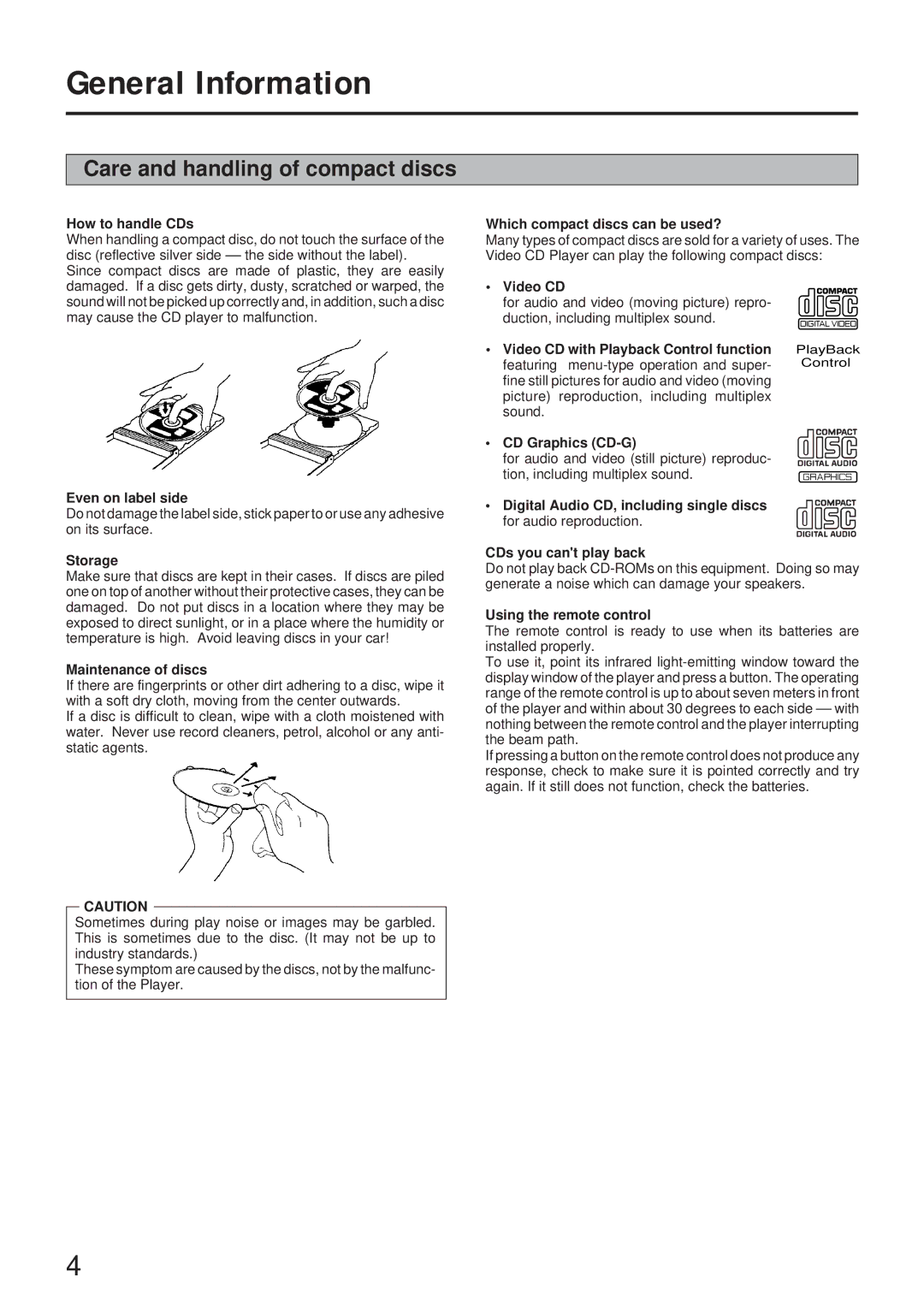 JVC HR-VCD1, MNV*SW*YP, LPT00020G2A manual General Information, Care and handling of compact discs 