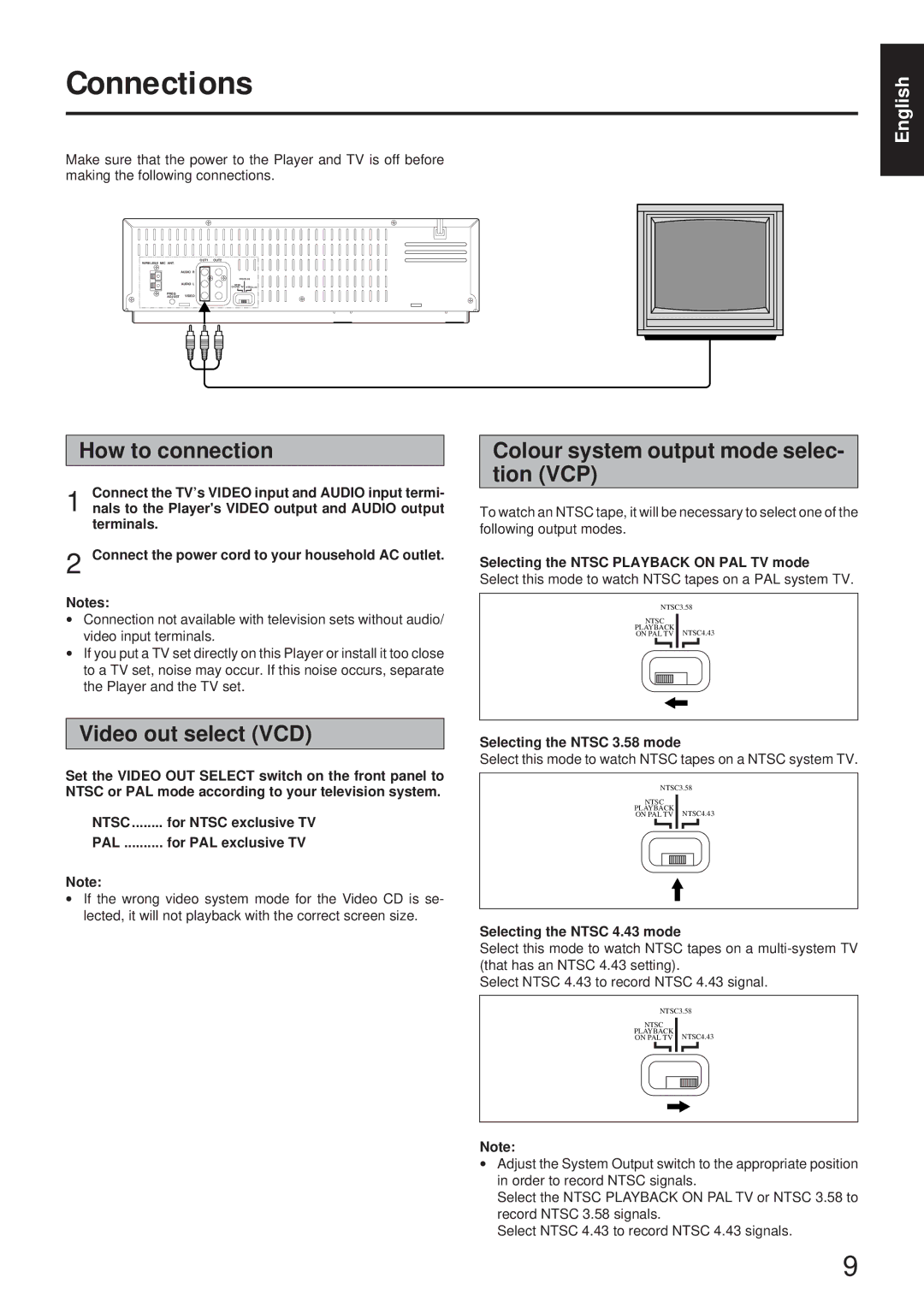 JVC MNV*SW*YP, HR-VCD1 Connections, How to connection, Video out select VCD, Colour system output mode selec- tion VCP 