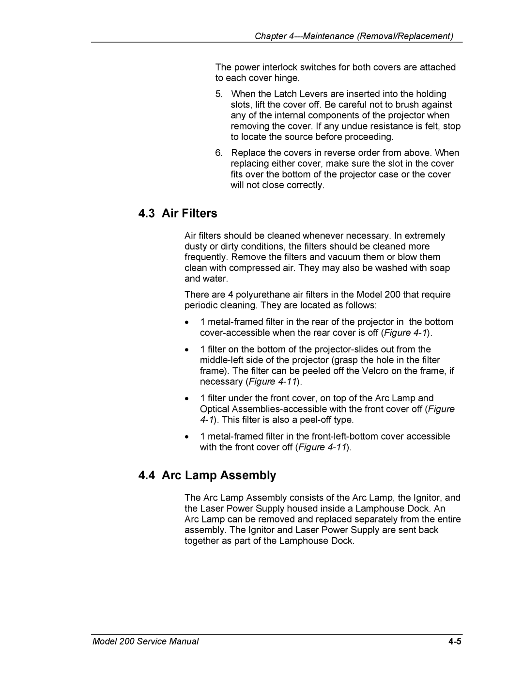 JVC Model 200 service manual Air Filters, Arc Lamp Assembly 