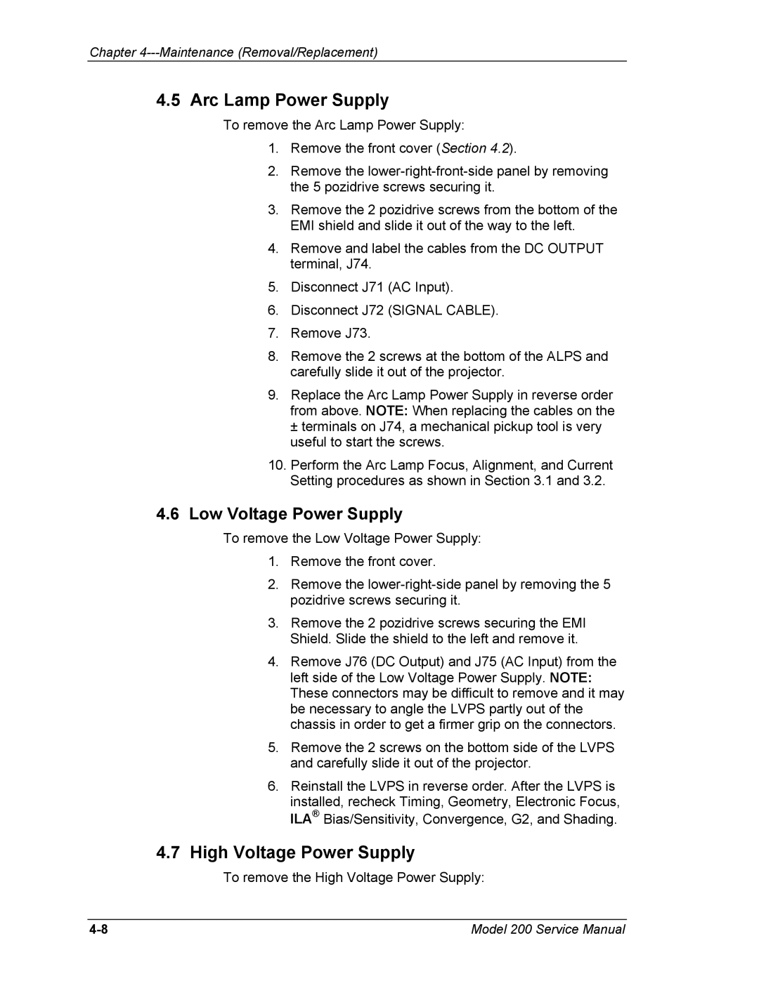 JVC Model 200 service manual Arc Lamp Power Supply, High Voltage Power Supply 