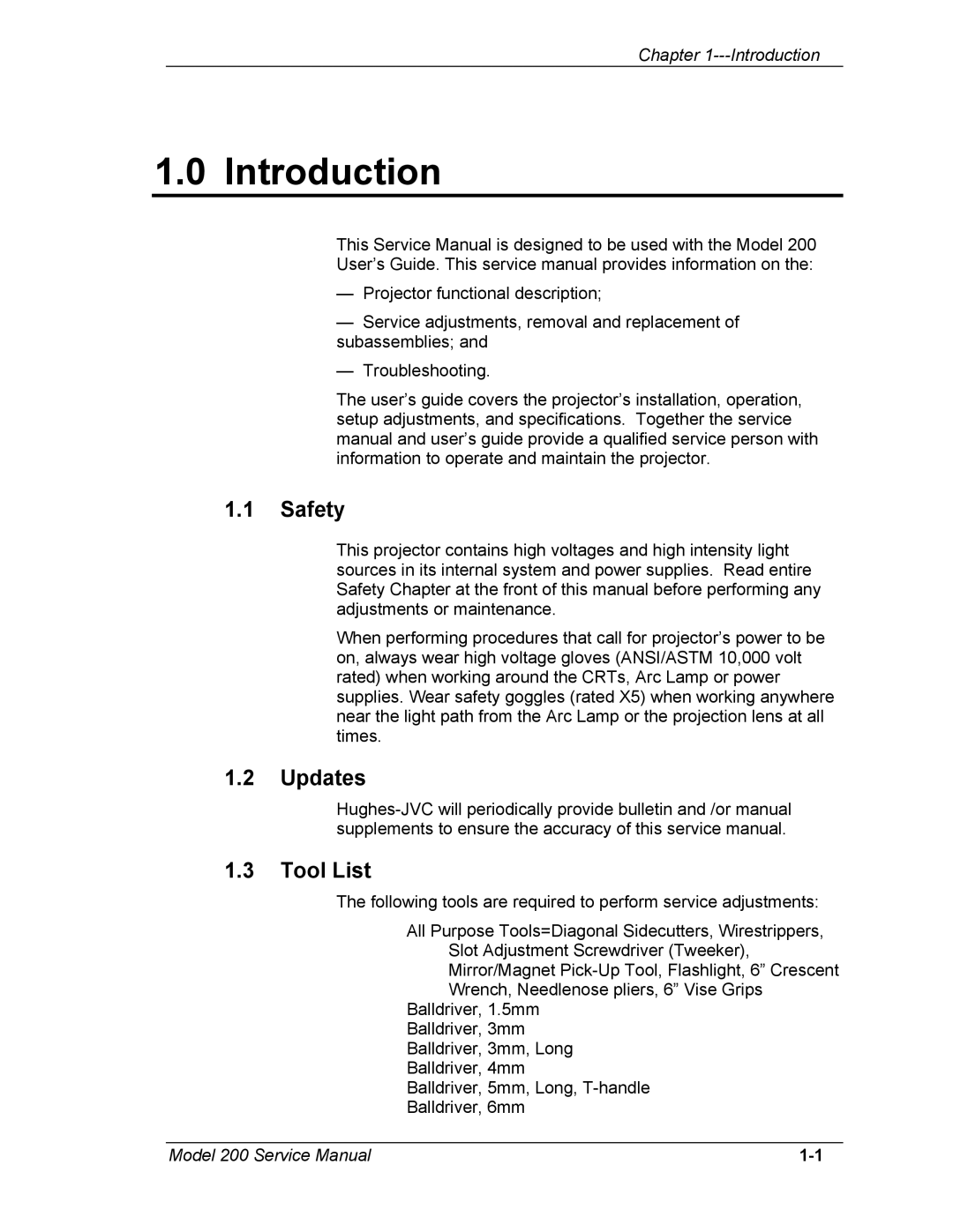 JVC Model 200 service manual Safety, Updates Tool List 