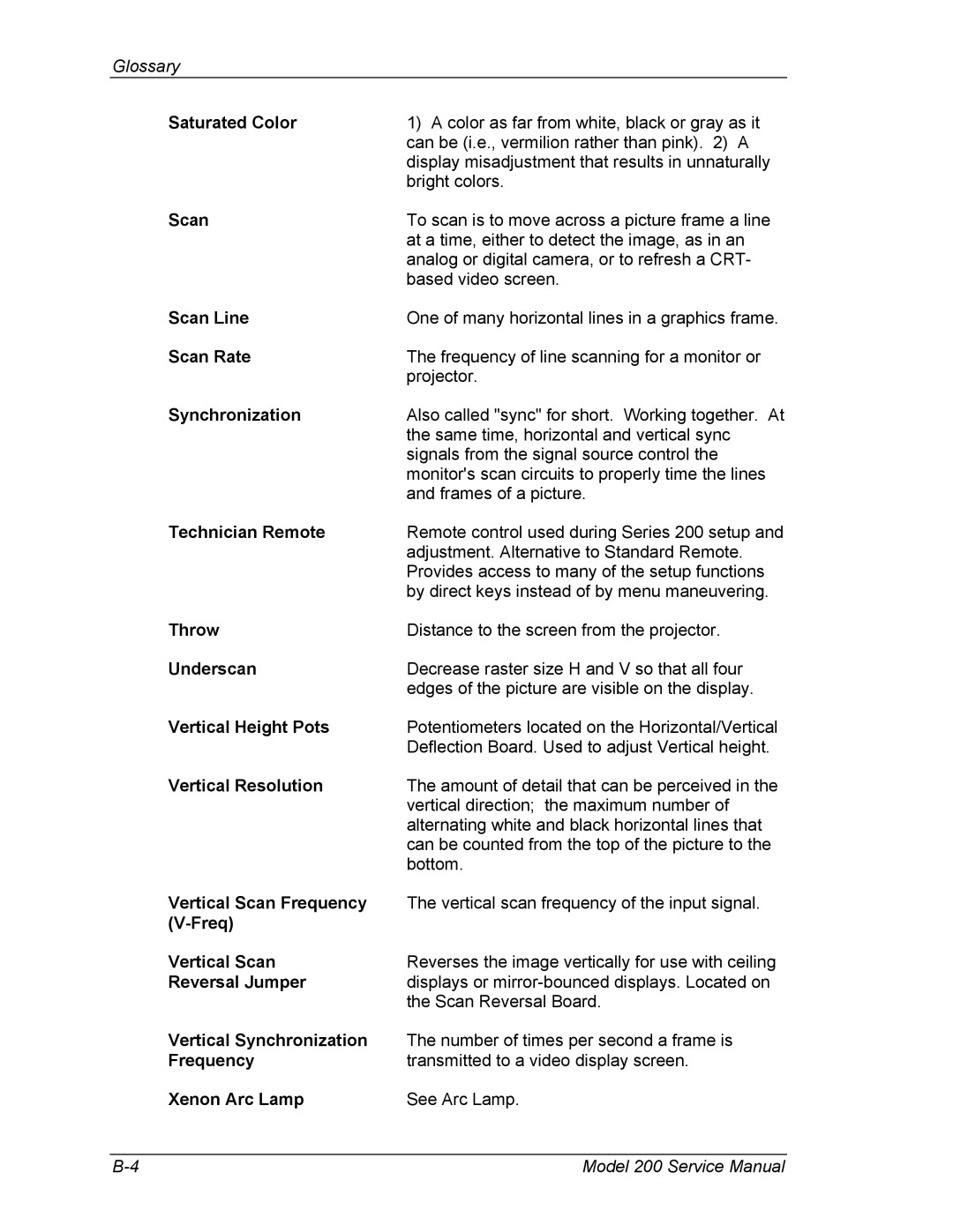 JVC Model 200 Saturated Color, Scan Line, Scan Rate, Synchronization, Technician Remote, Throw, Underscan, Frequency 