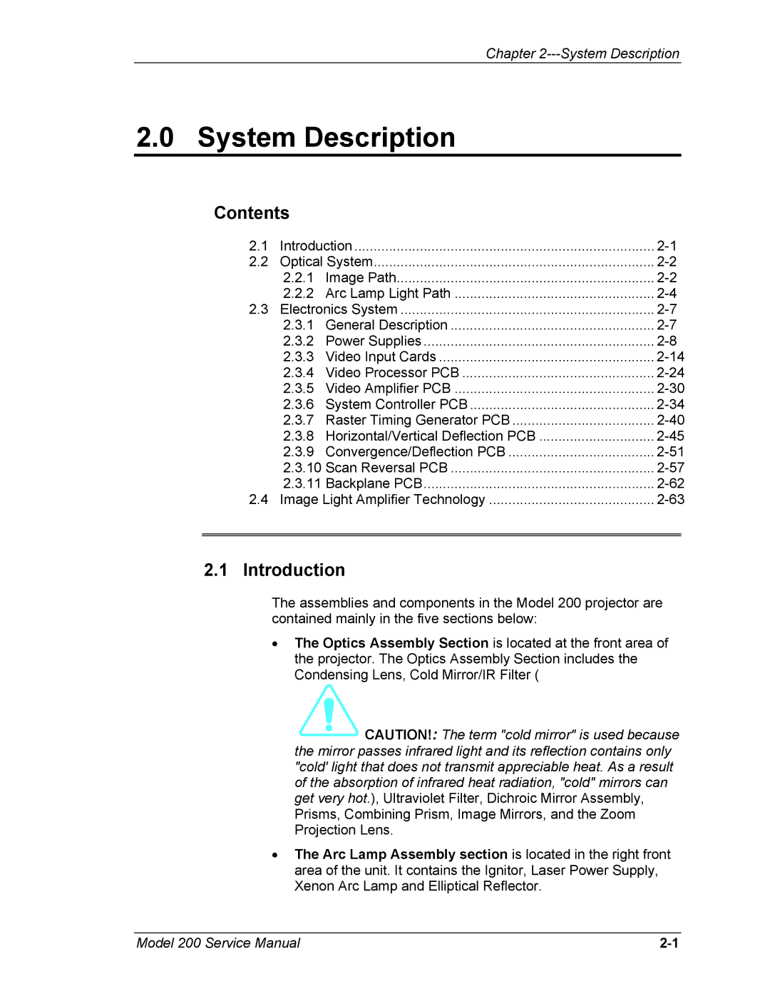 JVC Model 200 service manual System Description, Contents 