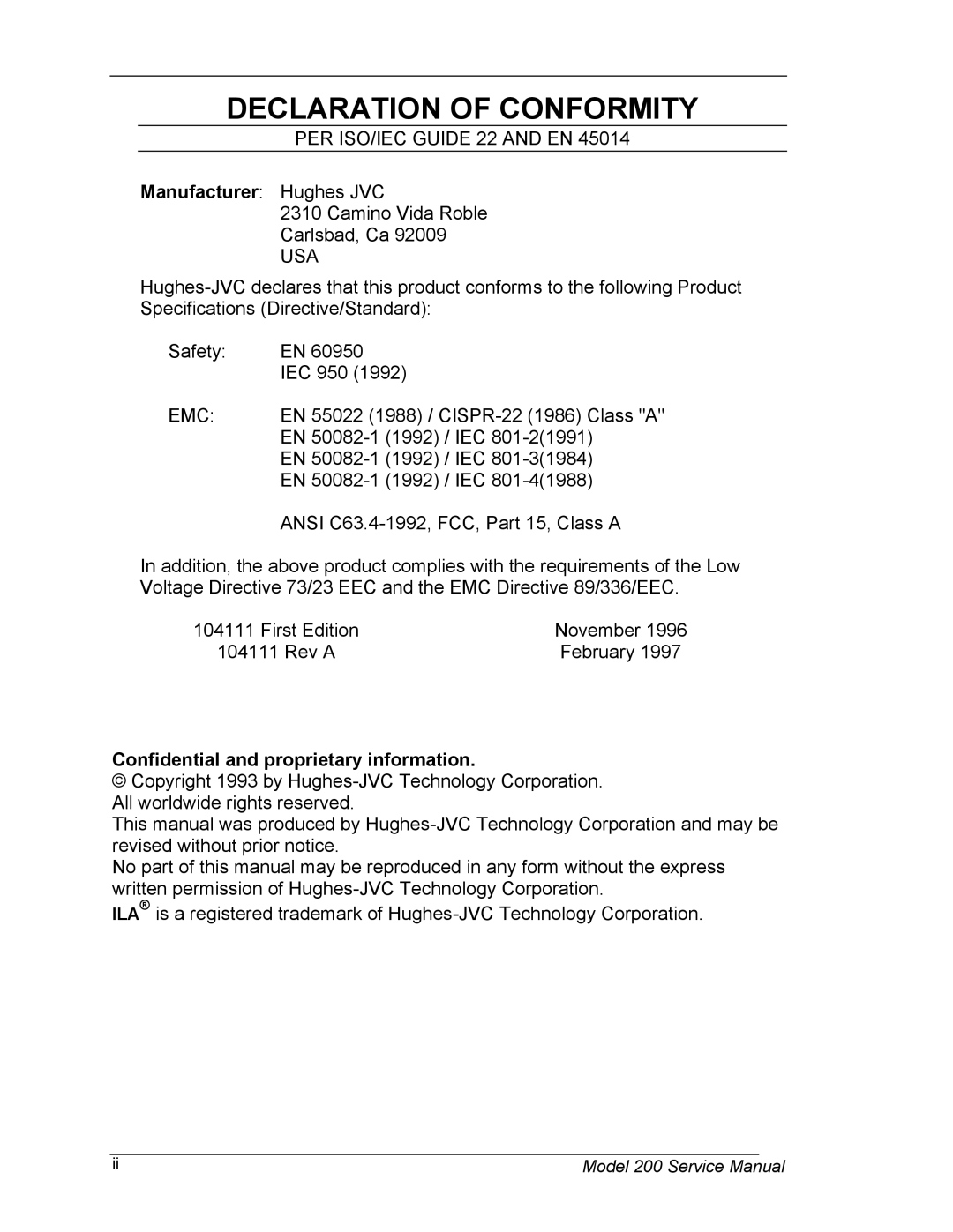 JVC Model 200 service manual Manufacturer Hughes JVC, Confidential and proprietary information 