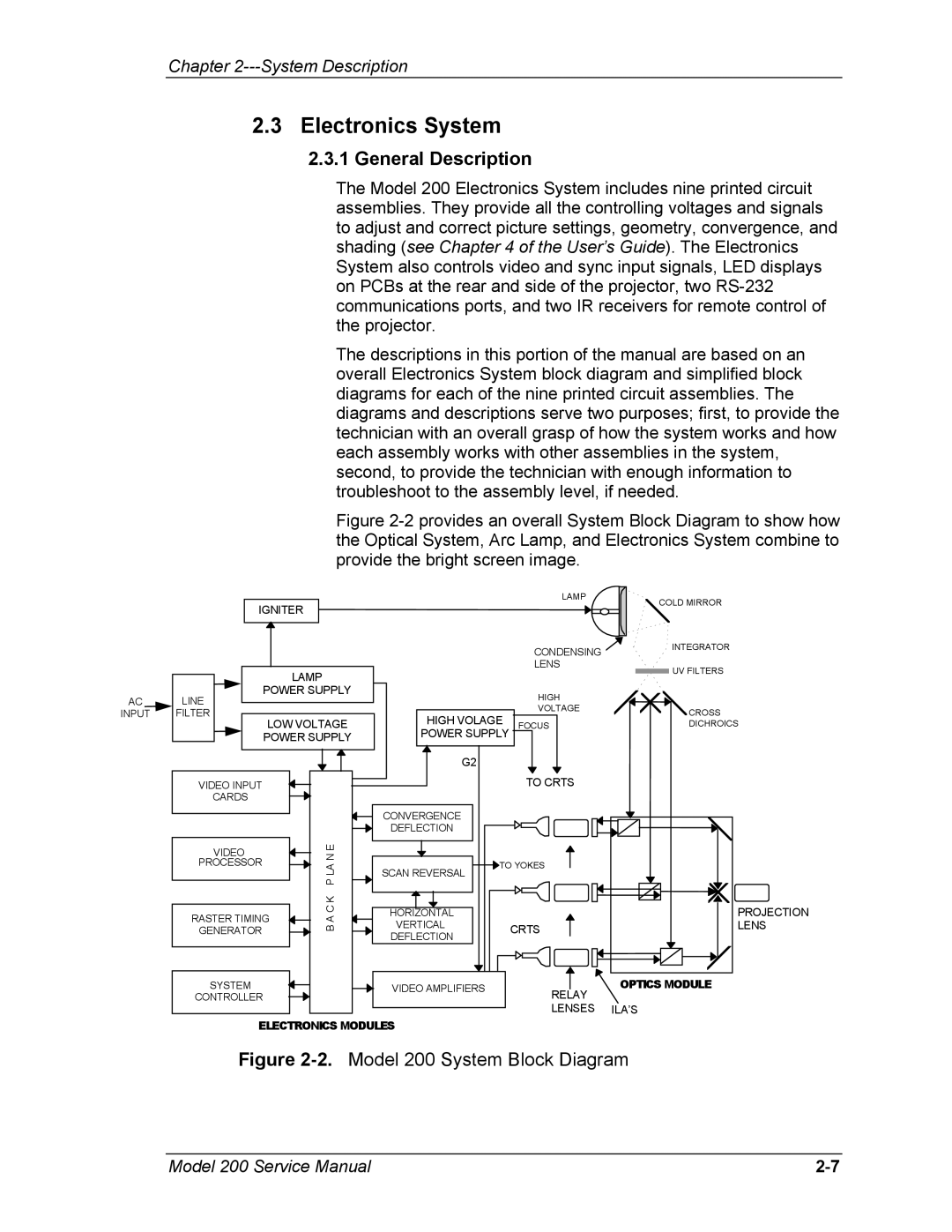 JVC Model 200 service manual Electronics System, General Description 