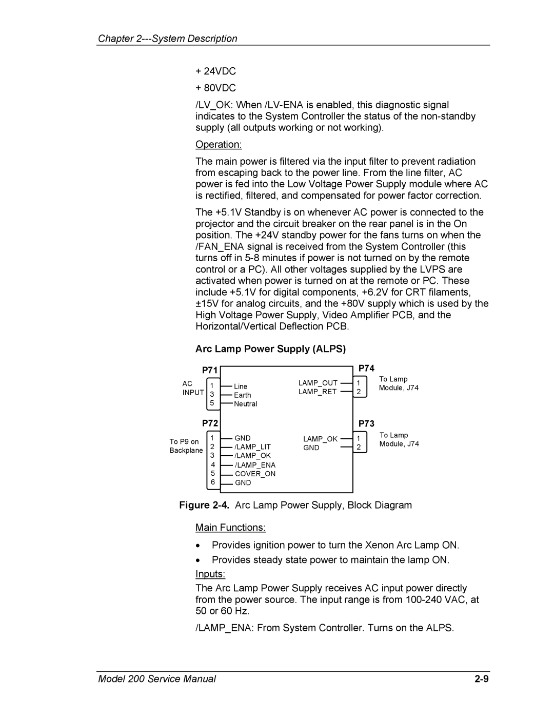 JVC Model 200 service manual Arc Lamp Power Supply Alps, P72 