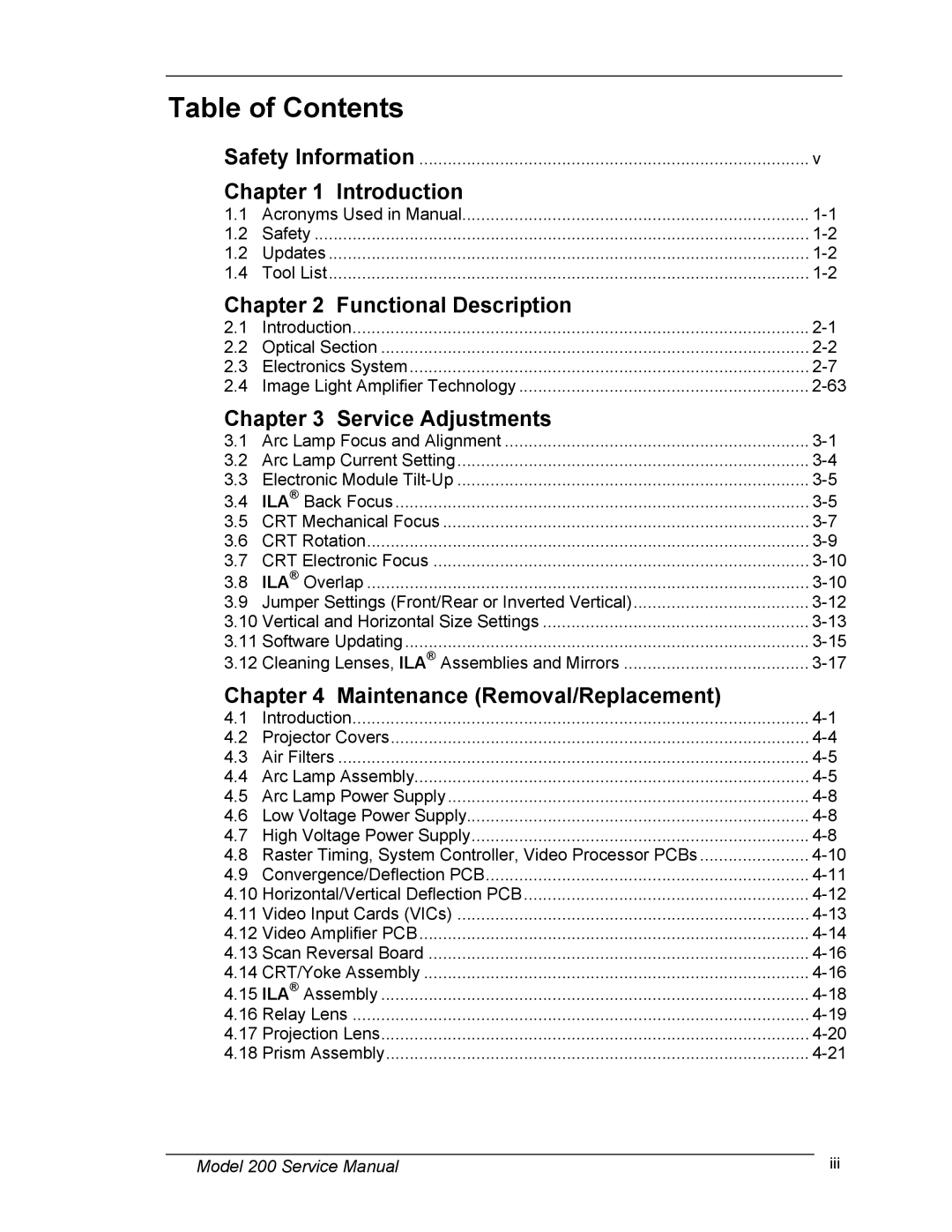 JVC Model 200 service manual Table of Contents 