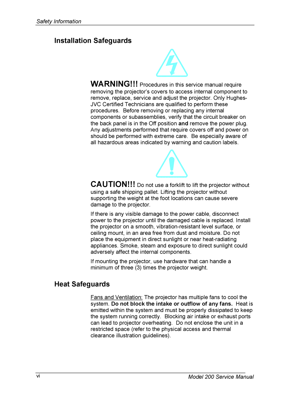 JVC Model 200 service manual Installation Safeguards, Heat Safeguards 